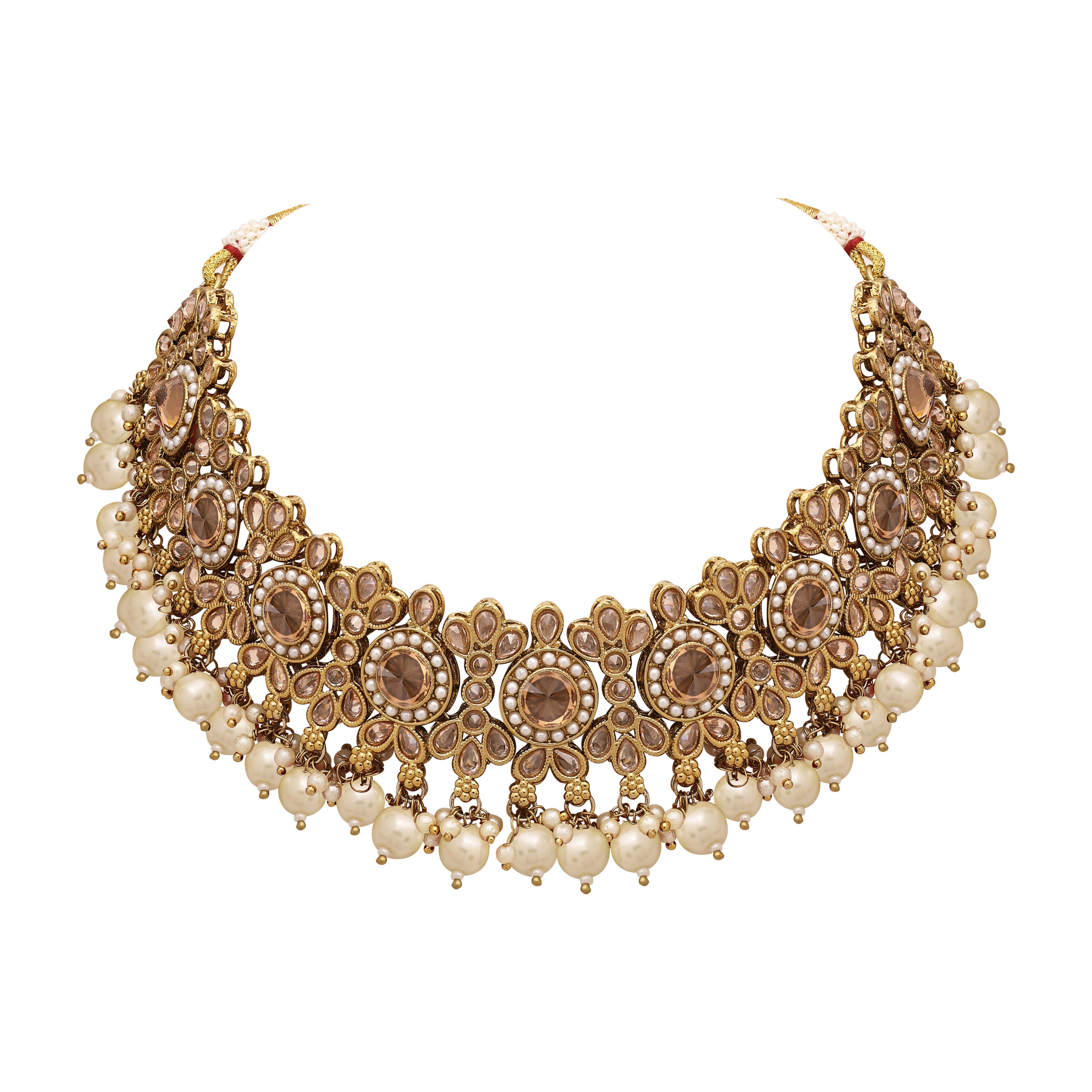 Classic Pearl Circle Reverse Ad Choker Set - Alloy, Necklace Length 22cm, Earring Length 7.5cm, Maangtikka Length 17cm | Adjustable Size, Mehandi Plated, Perfect For Wedding And Party Occasions