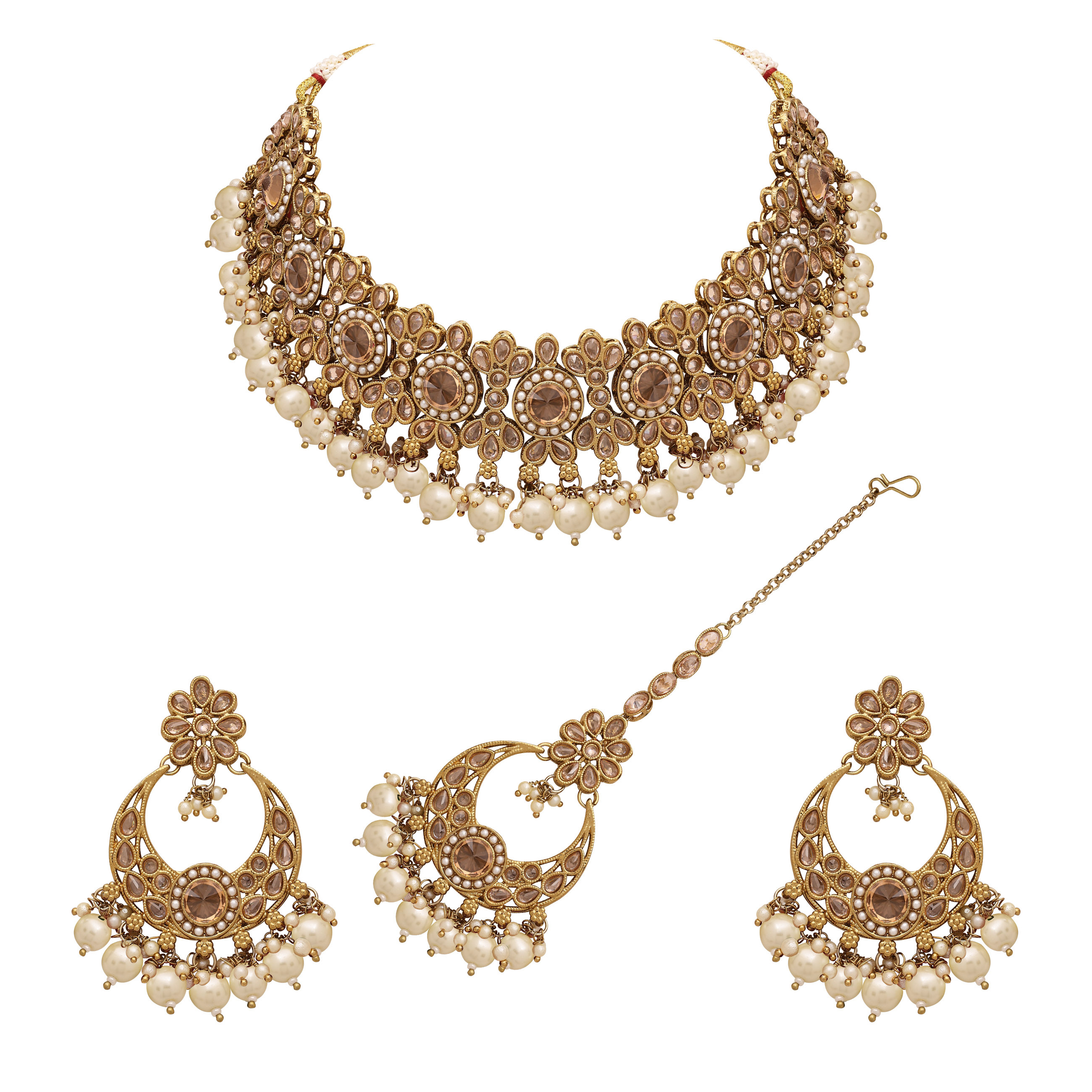 Classic Pearl Circle Reverse Ad Choker Set - Alloy, Necklace Length 22cm, Earring Length 7.5cm, Maangtikka Length 17cm | Adjustable Size, Mehandi Plated, Perfect For Wedding And Party Occasions
