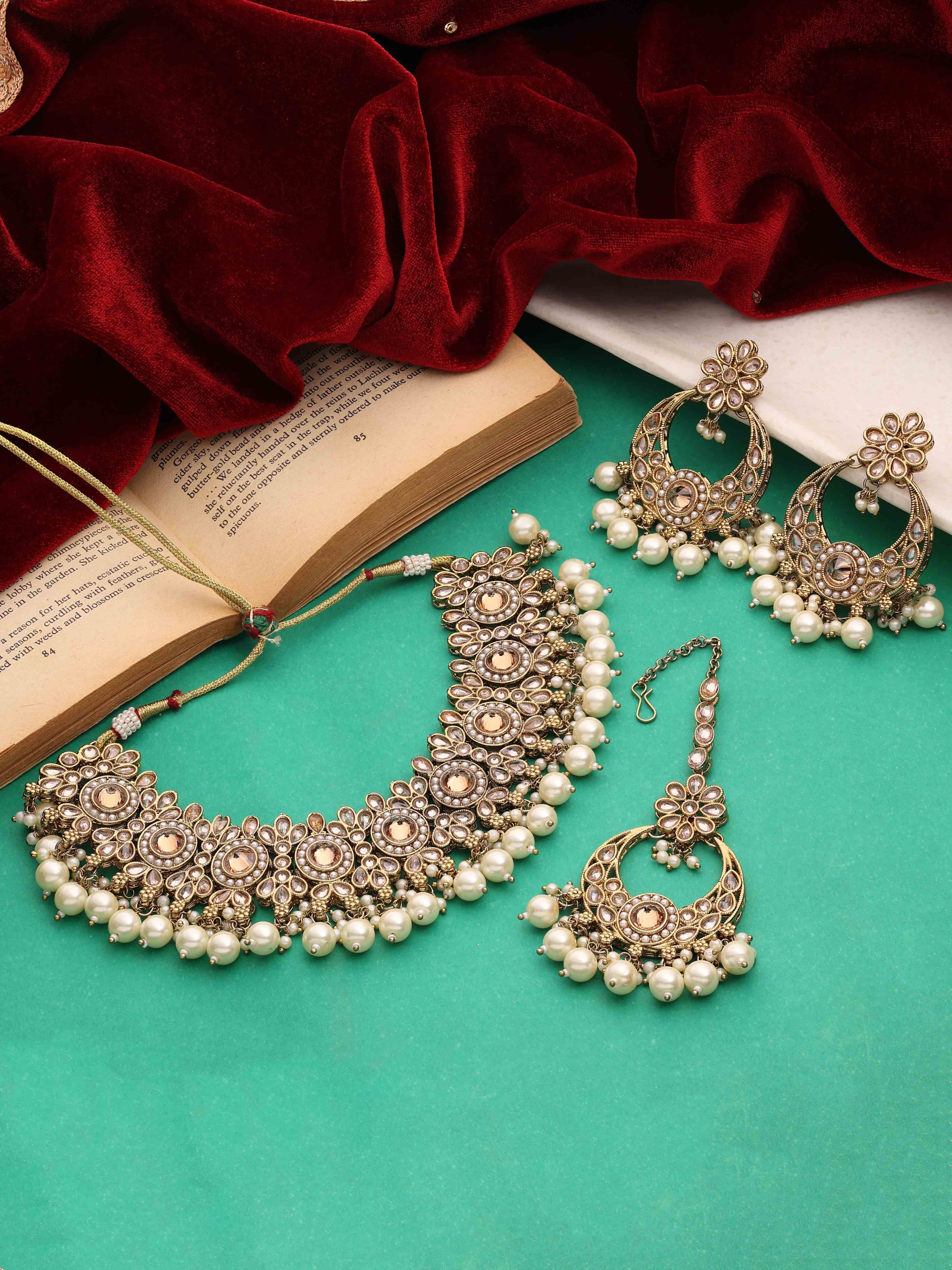 Classic Pearl Circle Reverse Ad Choker Set - Alloy, Necklace Length 22cm, Earring Length 7.5cm, Maangtikka Length 17cm | Adjustable Size, Mehandi Plated, Perfect For Wedding And Party Occasions