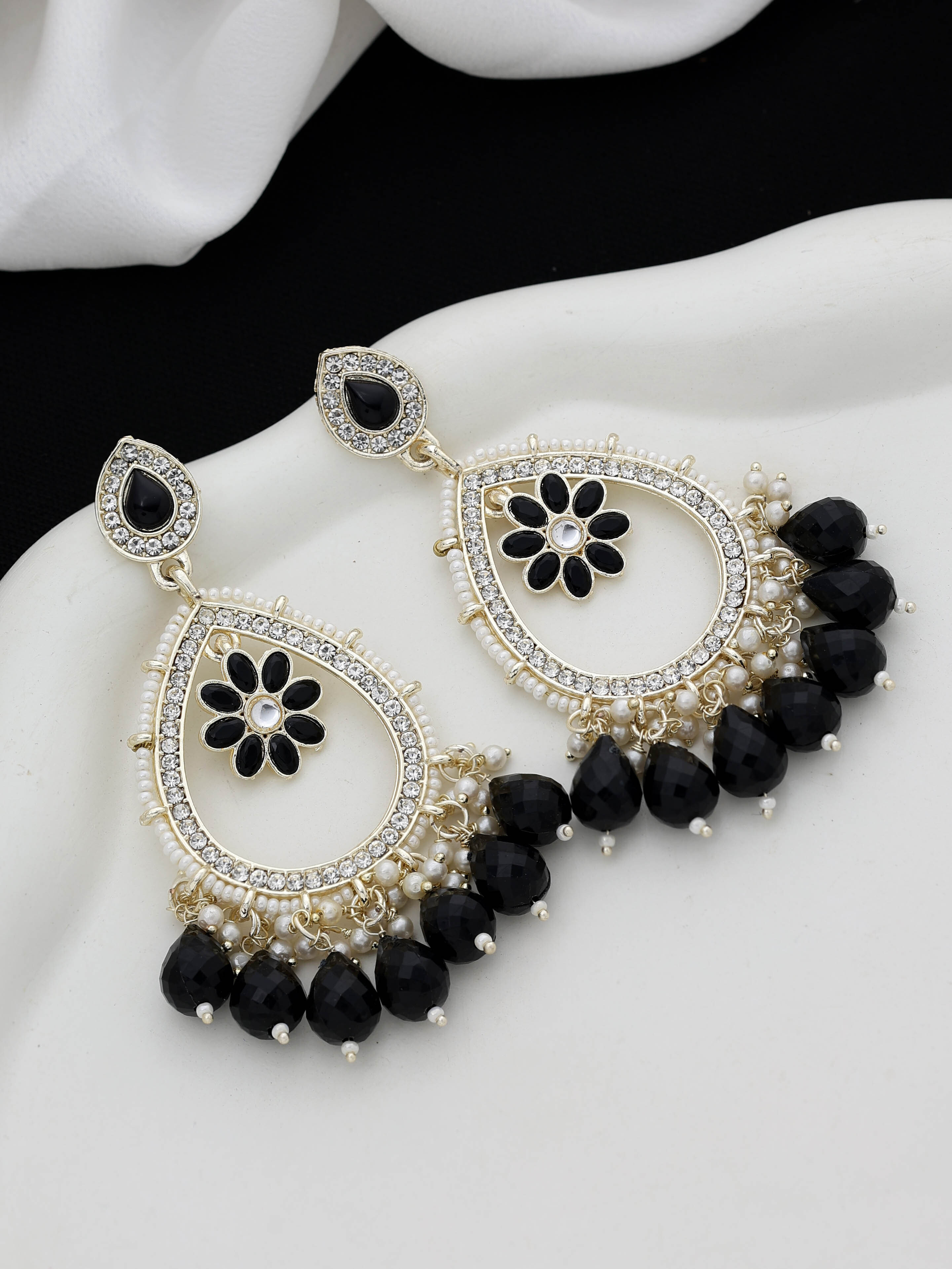 Kundan Earrings Set - Alloy, 9x4 Cm, Black | Gold Plated, Channel Setting, Versatile For Engagement, Party, Wedding, Anniversary, Gift