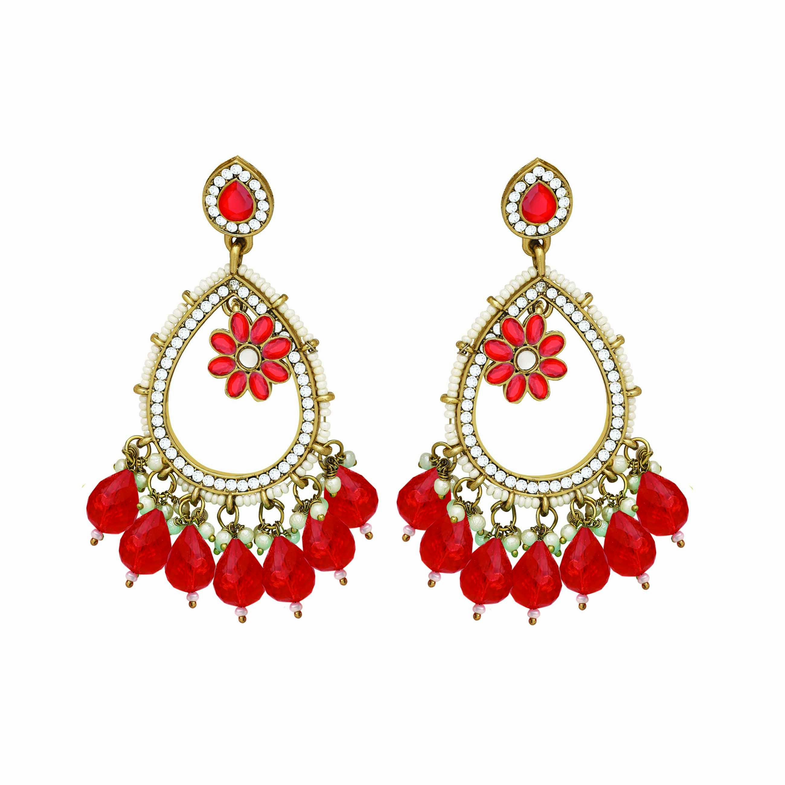 Earrings Collection | Kundan Earring Set | Gold Earrings - 9x4 Cm, Adjustable Red Alloy Earrings, Gold Plated, Channel Setting, Perfect For Anniversary, Engagement, Gift, Party, Wedding