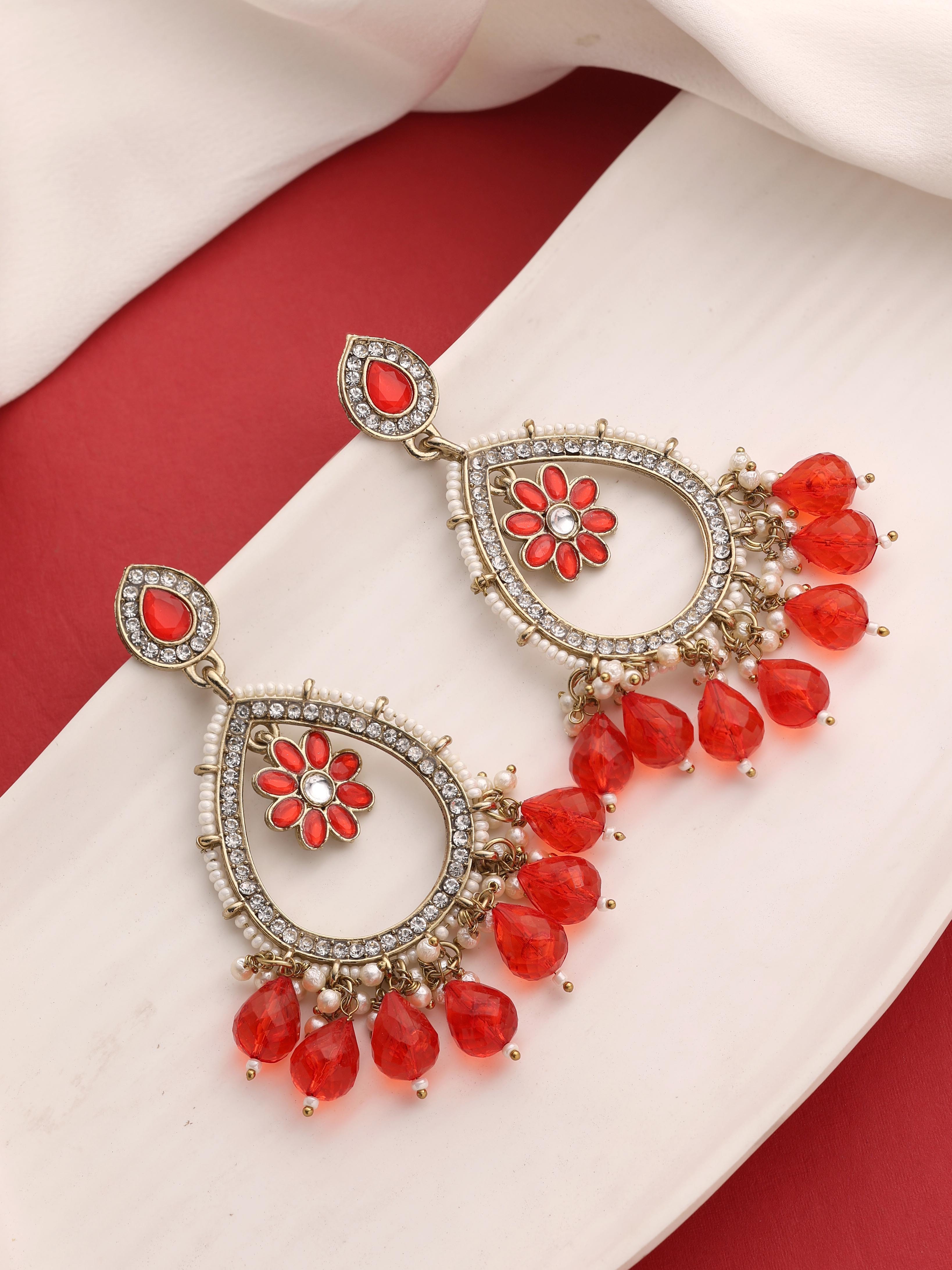 Earrings Collection | Kundan Earring Set | Gold Earrings - 9x4 Cm, Adjustable Red Alloy Earrings, Gold Plated, Channel Setting, Perfect For Anniversary, Engagement, Gift, Party, Wedding