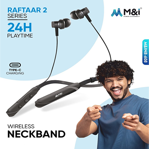 M-inb-608 Raftaar 2 Series Wireless Neckband - Plastic 24 Hours Playback Black | Durable Design Bluetooth-compatible Warranty Included