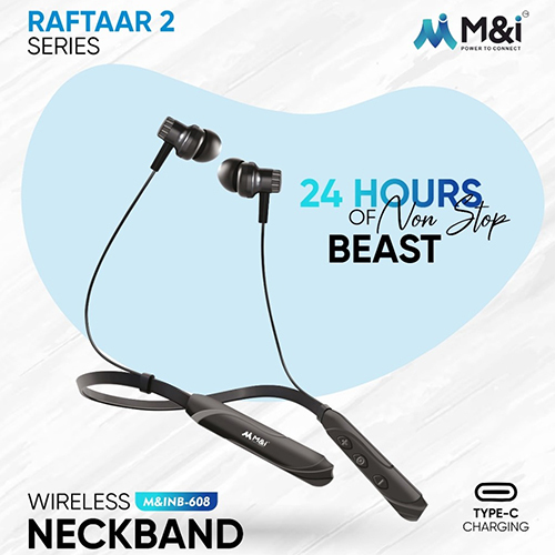 M-inb-608 Raftaar 2 Series Wireless Neckband - Plastic 24 Hours Playback Black | Durable Design Bluetooth-compatible Warranty Included