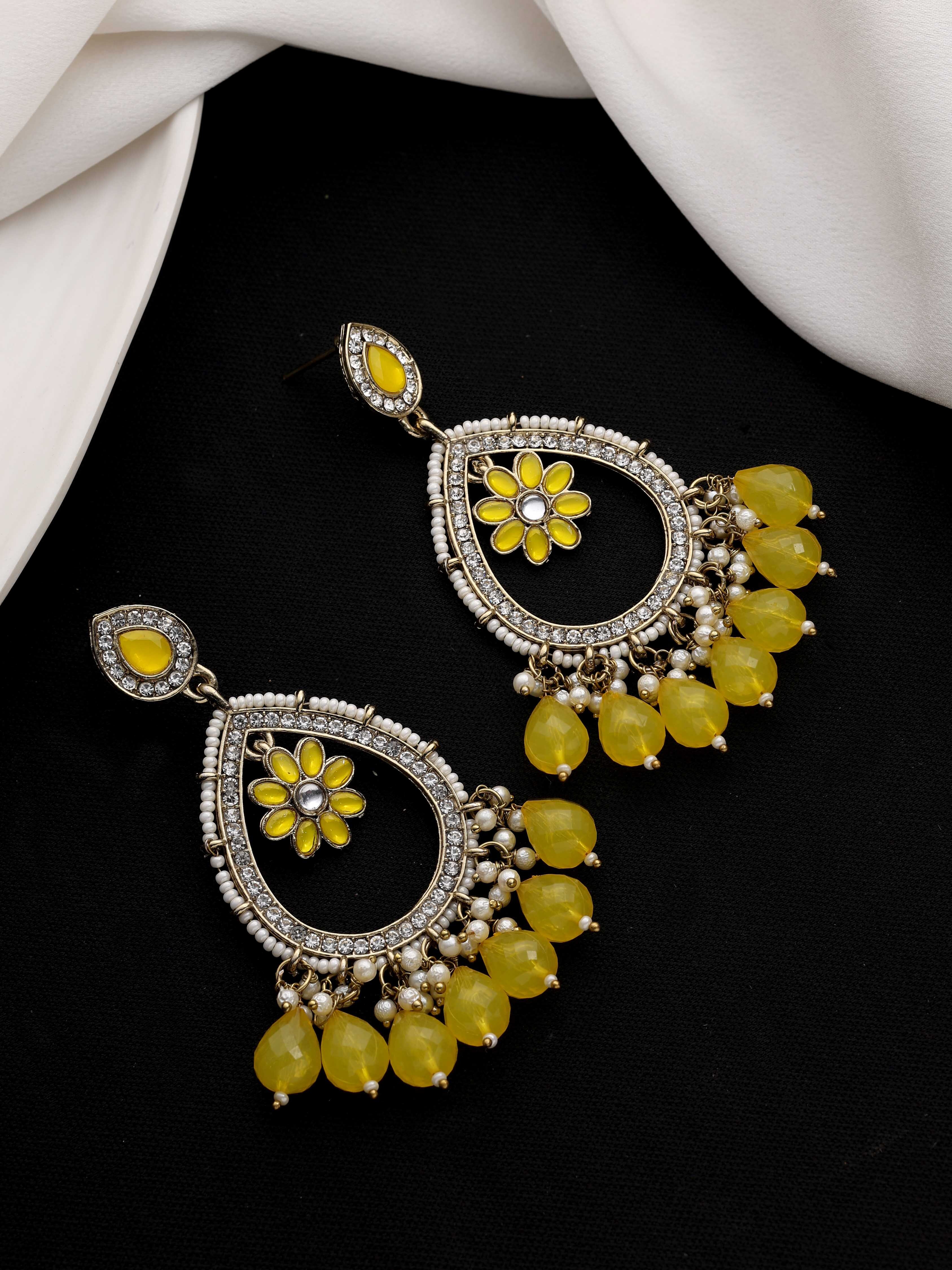 Kundan Earring Set - Alloy, 9x4 Cm, Yellow | Minimalist Gold Plated Dangle Earrings For Women, Ideal For Party, Wedding, Engagement, Anniversary