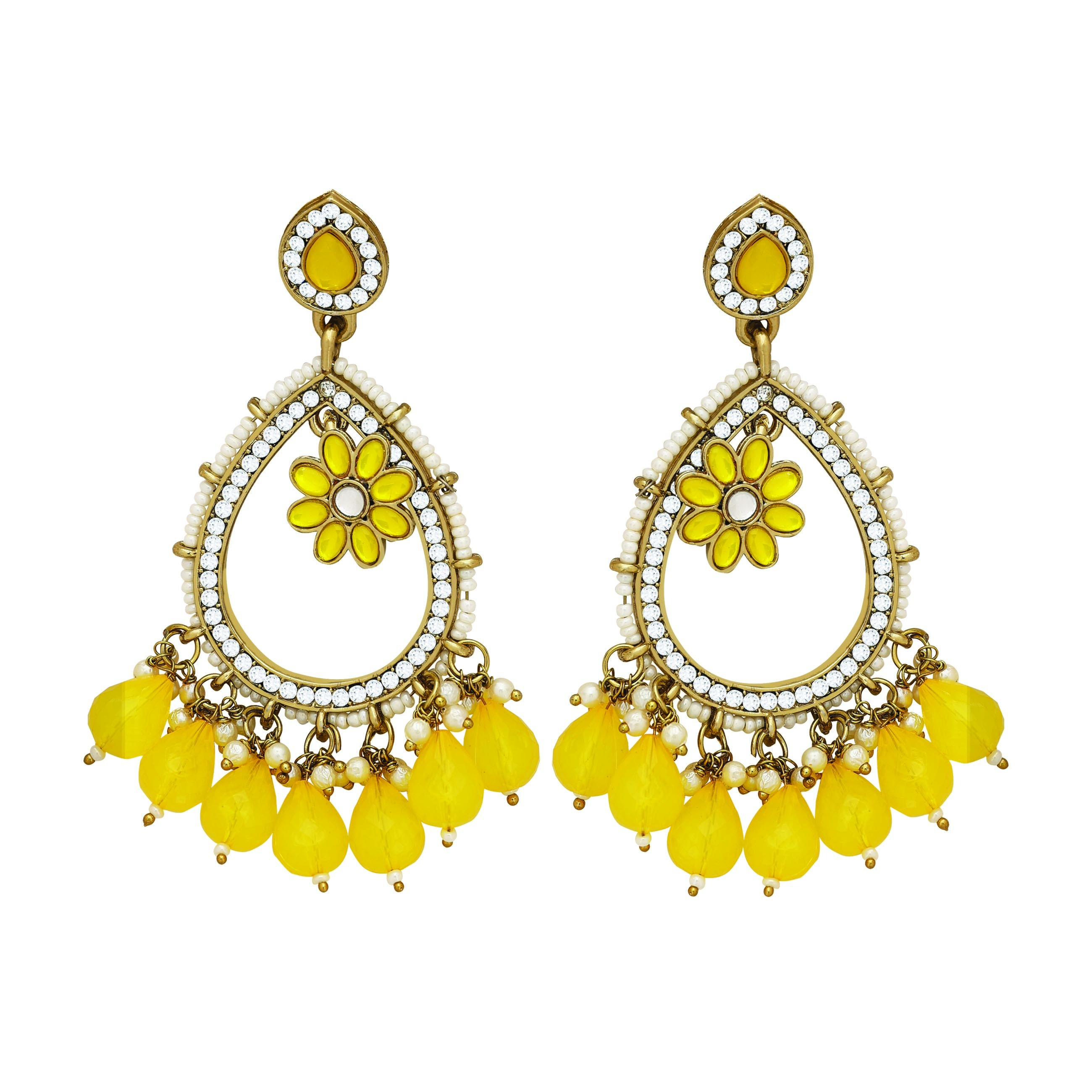 Kundan Earring Set - Alloy, 9x4 Cm, Yellow | Minimalist Gold Plated Dangle Earrings For Women, Ideal For Party, Wedding, Engagement, Anniversary