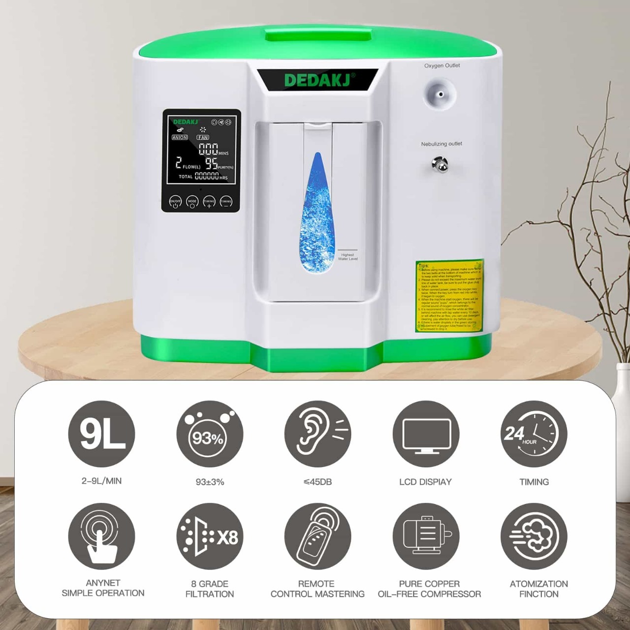 De-2a Portable Oxygen Concentrator - Hard Plastic, 2-9 Liters Flow Rate | 90% Oxygen Purity, Lightweight & Portable Design, Oled Display, Remote Control, Easy-clean Air Inlet Filter, No Noise Operation