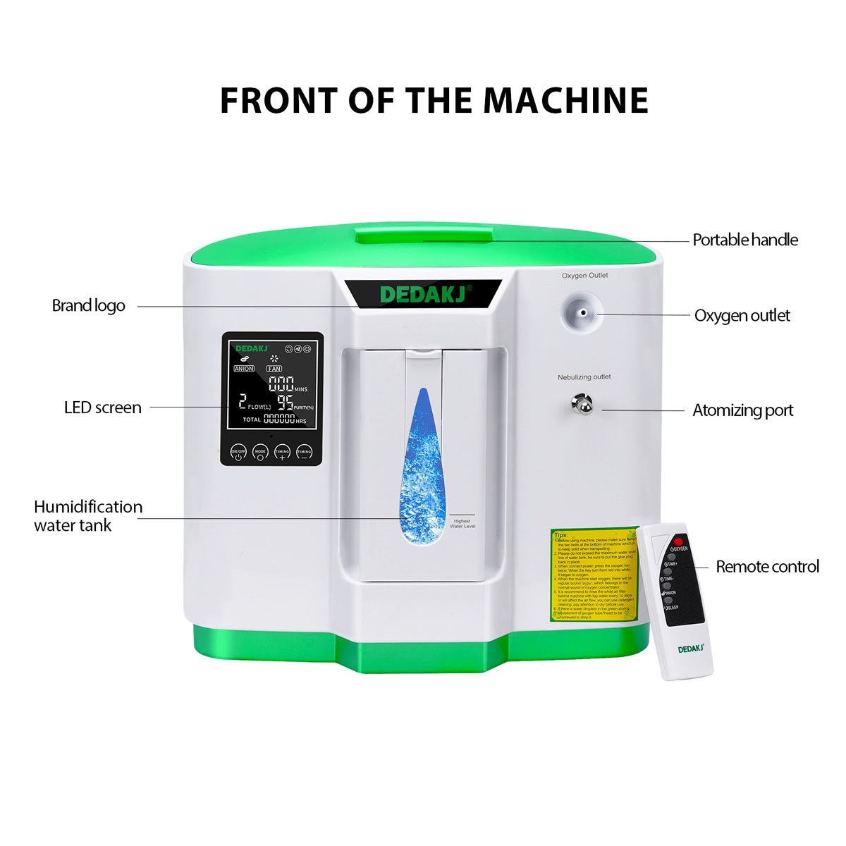 De-2a Portable Oxygen Concentrator - Hard Plastic, 2-9 Liters Flow Rate | 90% Oxygen Purity, Lightweight & Portable Design, Oled Display, Remote Control, Easy-clean Air Inlet Filter, No Noise Operation