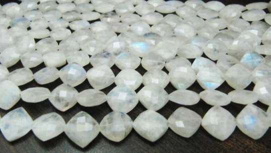 Natural White Rainbow Moonstone Cushion Shape Beads - 11-12mm Faceted Cut 8" Strand For Jewelry Making Great Quality For Necklaces Earrings Bracelets