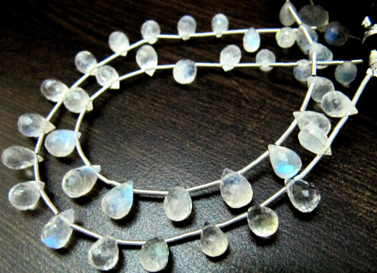 White Rainbow Blue Flashy Moonstone Drop Shape 6x8mm To 8x10mm Strand 8''