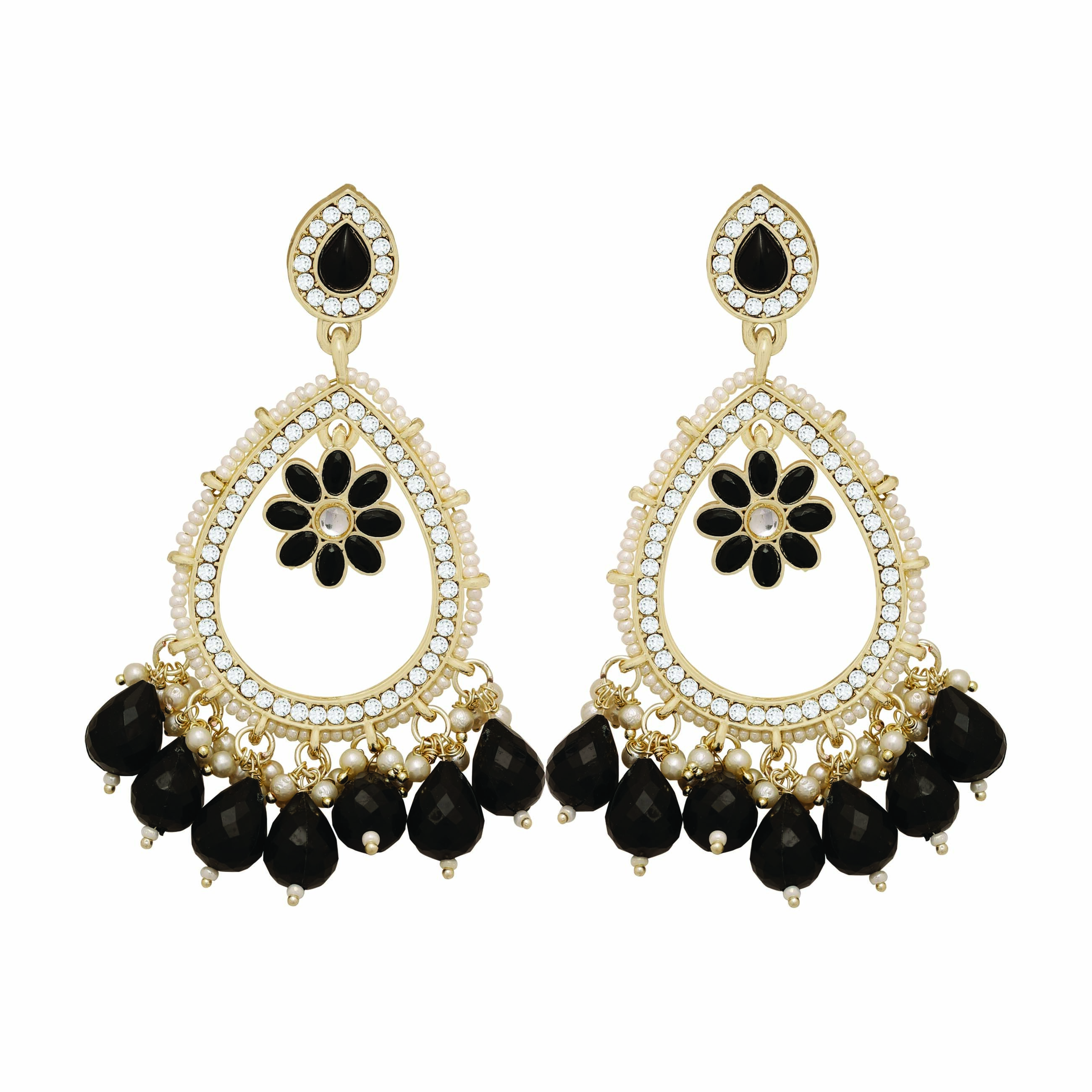 Kundan Earrings Set - Alloy, 9x4 Cm, Black | Gold Plated, Channel Setting, Versatile For Engagement, Party, Wedding, Anniversary, Gift