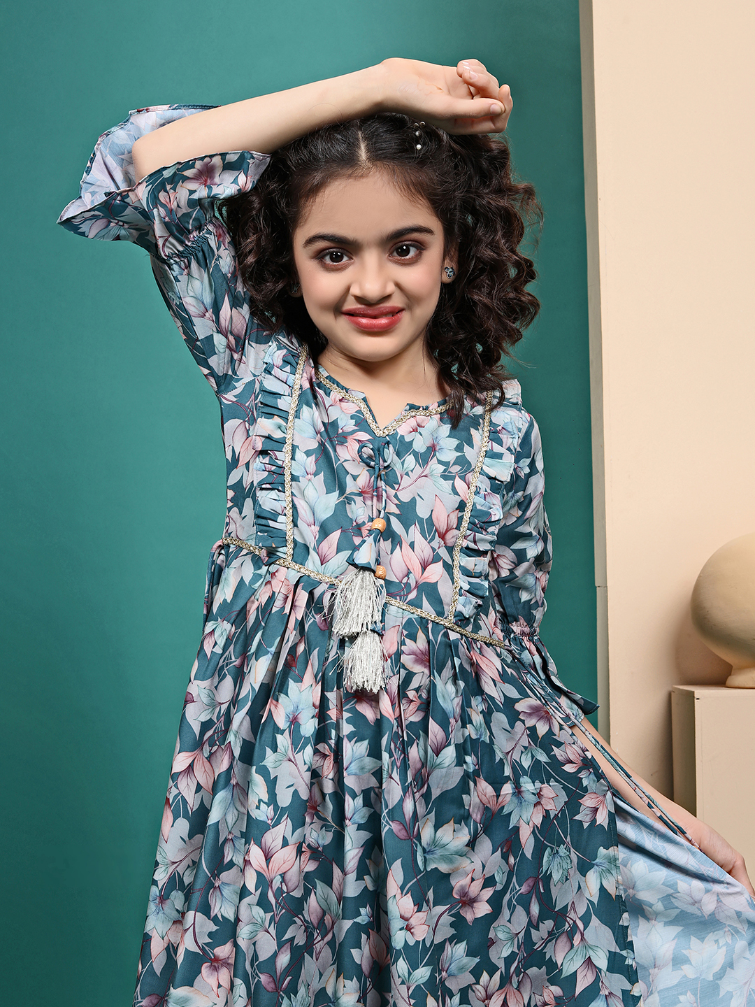 Girls Long Kurti - High-quality Cotton, Customized Sizes, Multicolor Printed Design, Full Sleeves For Cooler Months, Easy Wash Care