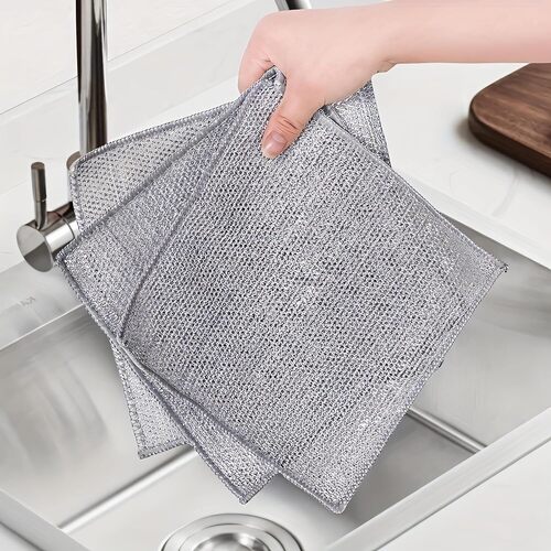 DOUBLE LAYER NON-SCRATCH WIRE DISHCLOTH 20x20 cm - High-Quality Silver Wire Mesh, Grey Color, 200g | Durable, Easy to Rinse, Multi-Purpose, Non-Scratch Cleaning