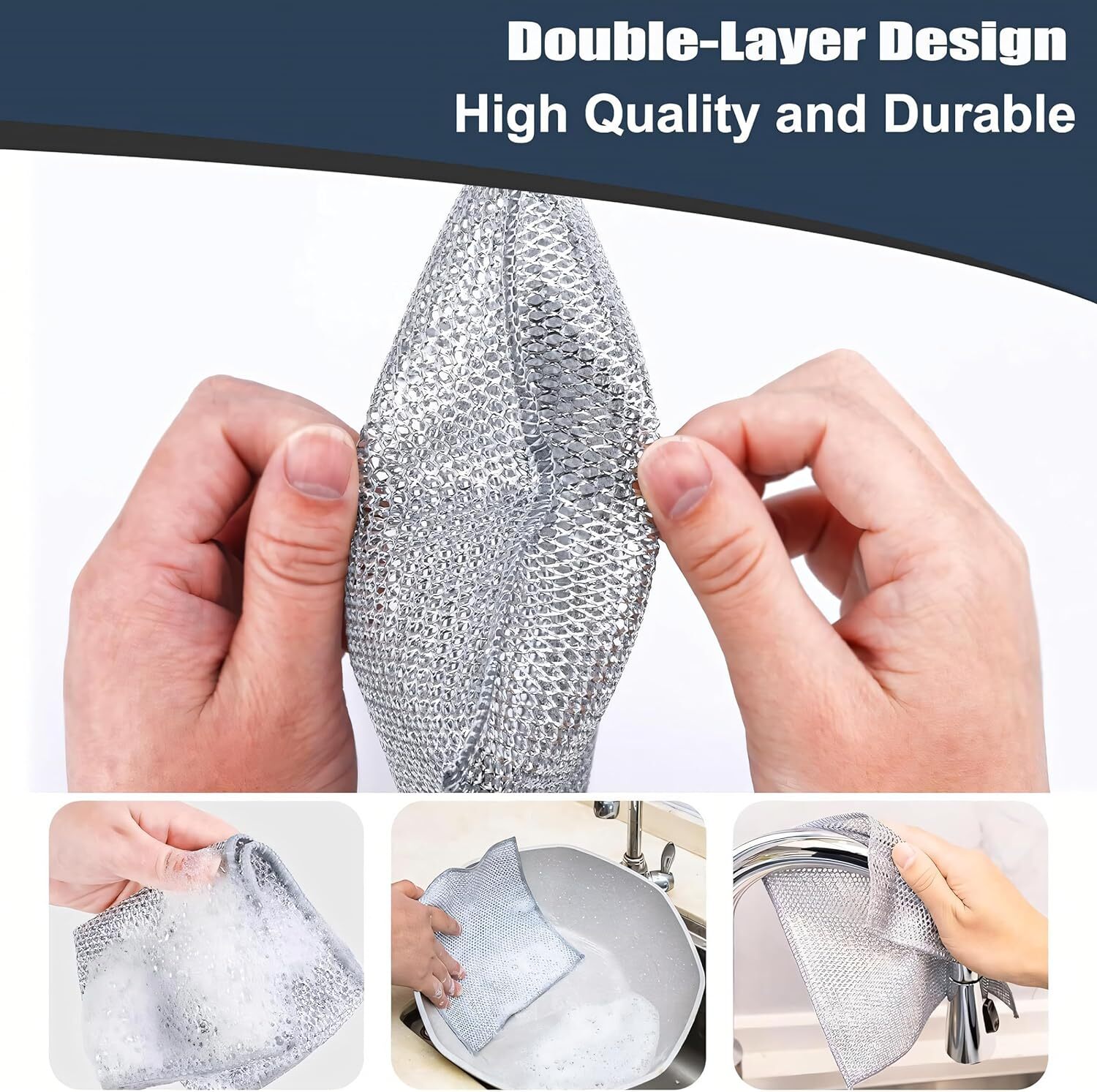 Double Layer Non-scratch Wire Dishcloth 20x20 Cm - High-quality Silver Wire Mesh, Grey Color, 200g | Durable, Easy To Rinse, Multi-purpose, Non-scratch Cleaning