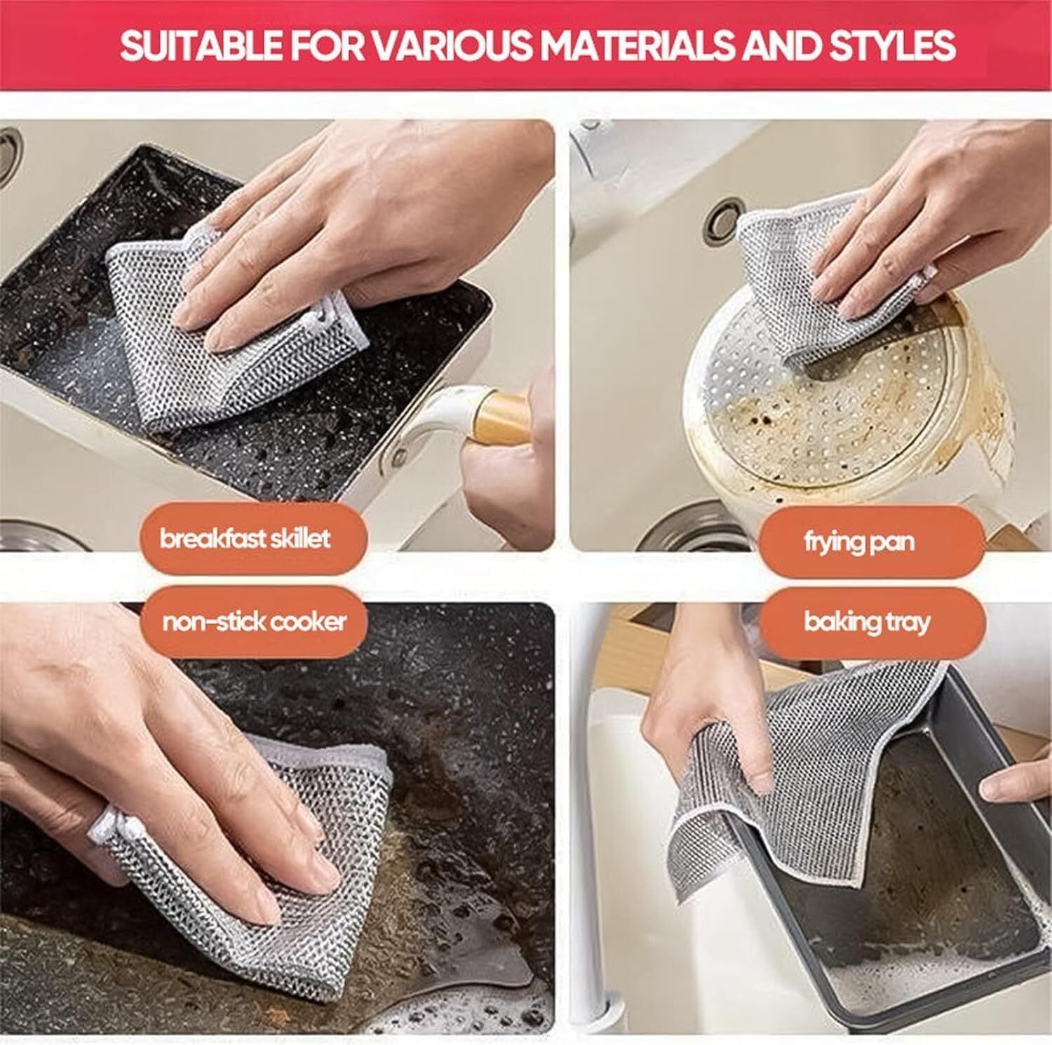 Double Layer Non-scratch Wire Dishcloth 20x20 Cm - High-quality Silver Wire Mesh, Grey Color, 200g | Durable, Easy To Rinse, Multi-purpose, Non-scratch Cleaning