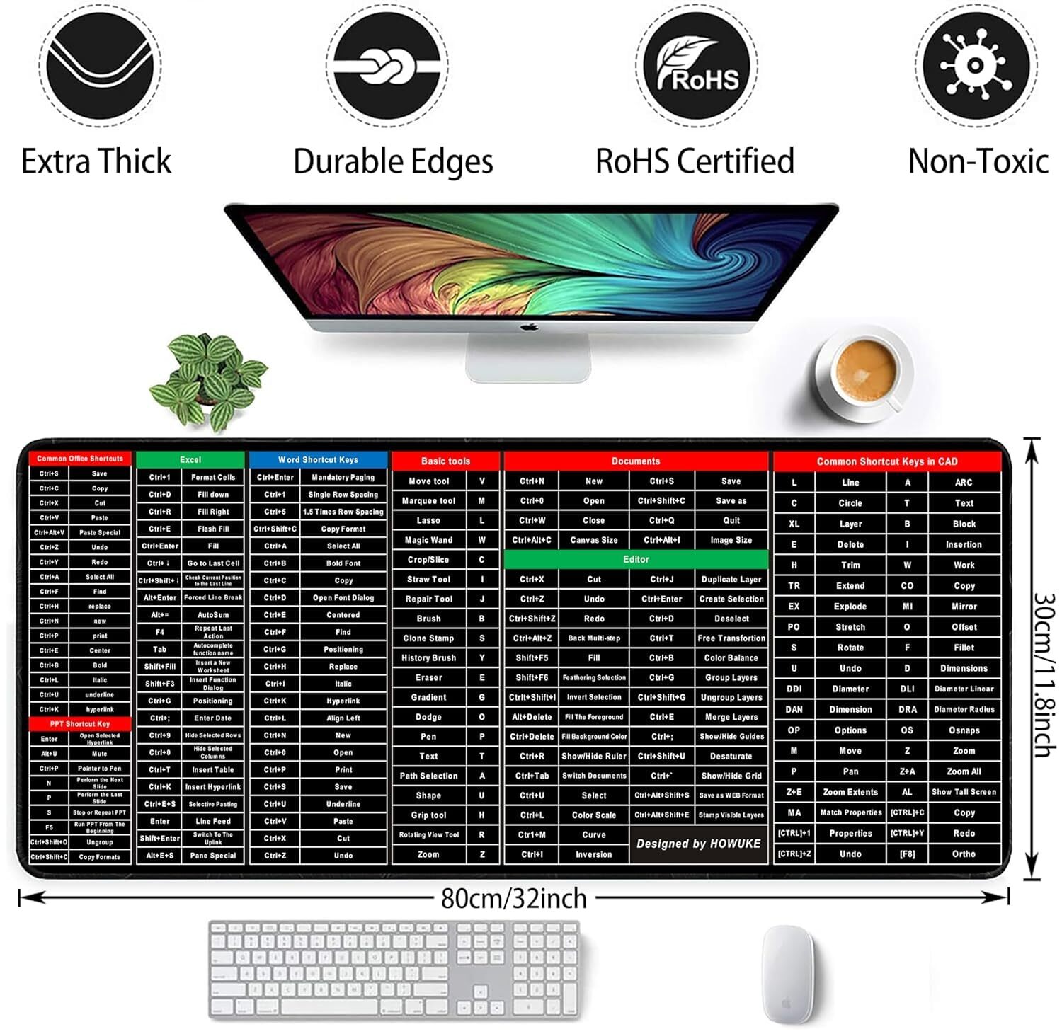 Mouse-pad With Shortcut Keys - 80x30cm Rubber | Multi-colour, Anti-slip Base, Eco-friendly Material, Clear Excel Shortcut Patterns, Durable Design