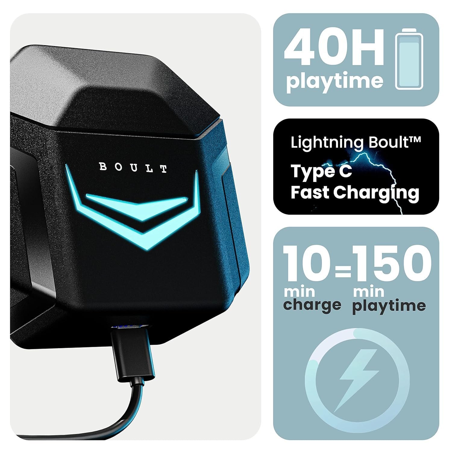 Boult Audio Ammo True Wireless In Ear Earbuds - Battery Life: 40 Hours, Color: Black | Features: 40ms Low Latency, Zen Enc Mic, Led Lights, Type-c Fast Charging