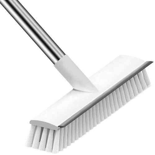 2 in 1 Floor Cleaning Scrub Brush - Plastic, 11L x 8W x 5H, White | Durable Sturdy Bristles, Adjustable 48" Handle, Rubber Scraper for Heavy Duty Cleaning
