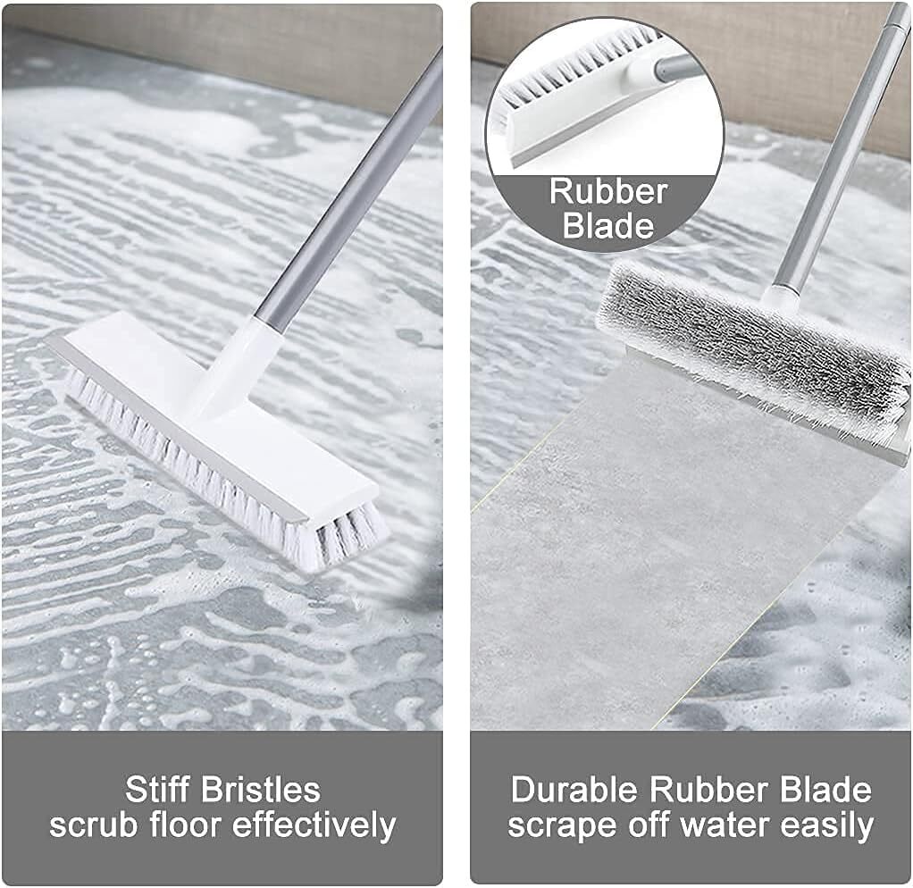 2 In 1 Floor Cleaning Scrub Brush - Plastic 11l X 8w X 5h White | Durable Sturdy Bristles Adjustable 48" Handle Rubber Scraper For Heavy Duty Cleaning