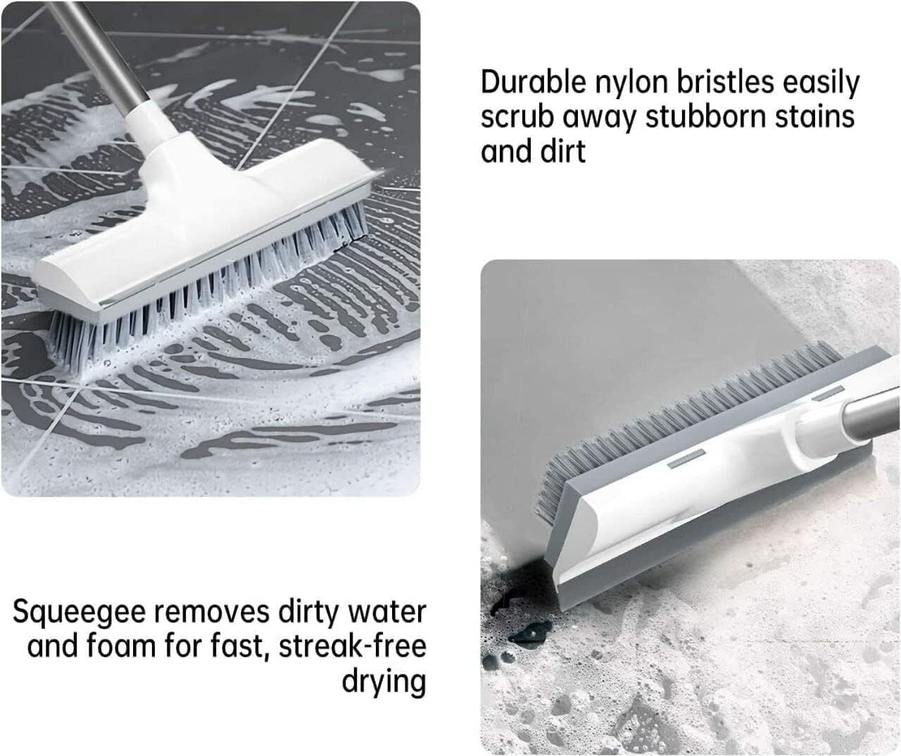 2 In 1 Floor Cleaning Scrub Brush - Plastic 11l X 8w X 5h White | Durable Sturdy Bristles Adjustable 48" Handle Rubber Scraper For Heavy Duty Cleaning