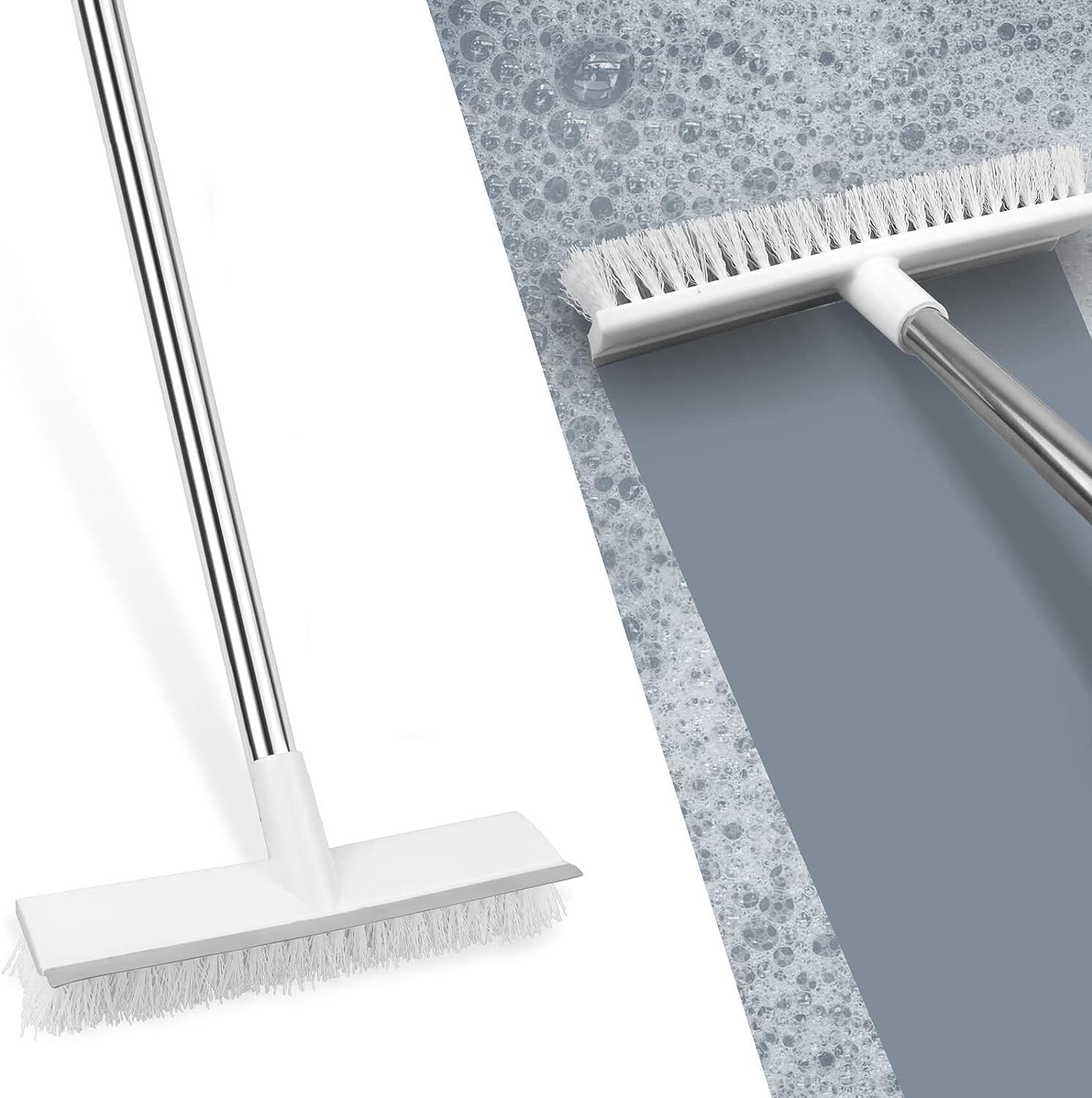 2 In 1 Floor Cleaning Scrub Brush - Plastic 11l X 8w X 5h White | Durable Sturdy Bristles Adjustable 48" Handle Rubber Scraper For Heavy Duty Cleaning
