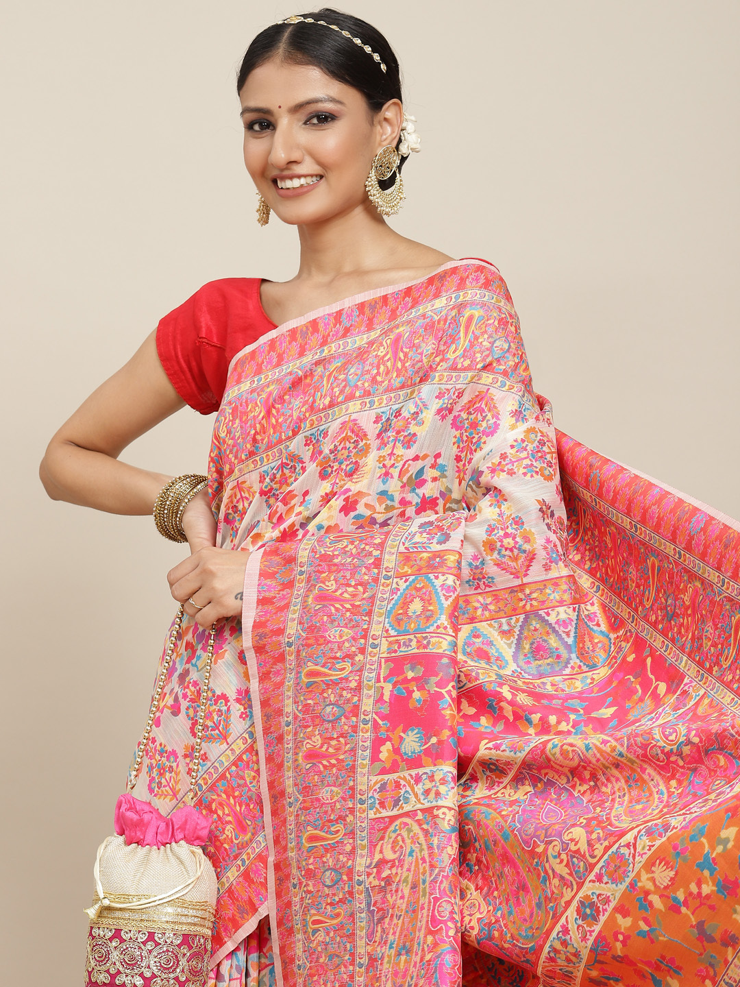 Pashmina Saree - Silk Woven Craftsmanship, Cream Color For Traditional Occasions - Bollywood Style Elegance