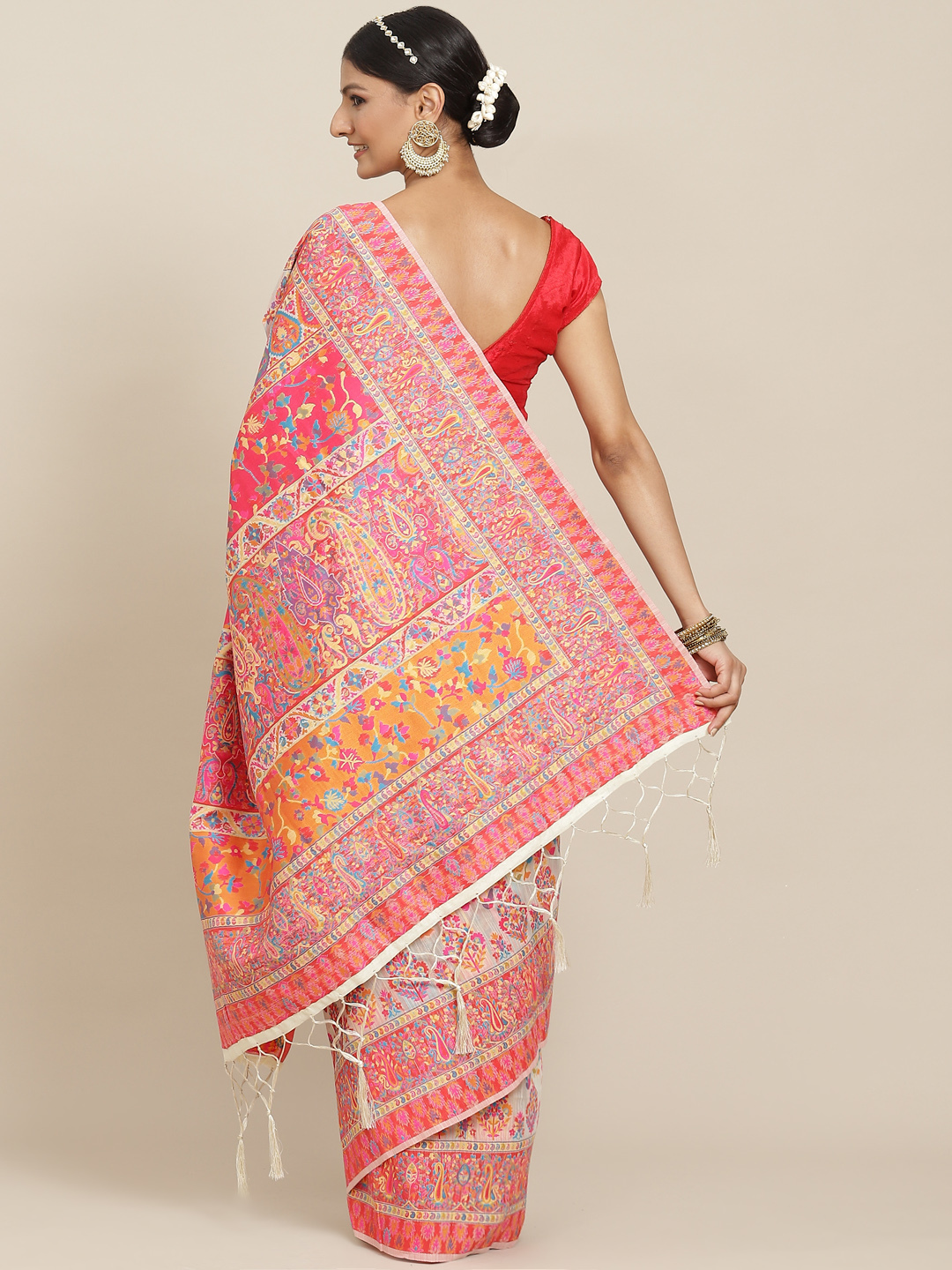 Pashmina Saree - Silk Woven Craftsmanship, Cream Color For Traditional Occasions - Bollywood Style Elegance