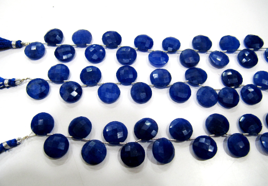Dyed Blue Sapphire Corundum Round Coin Shape Faceted 15mm Strand 8''long