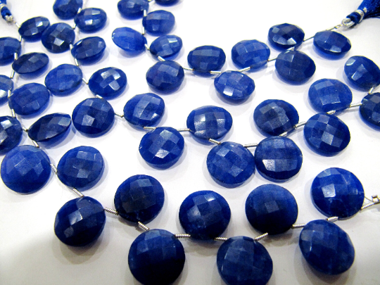 Dyed Blue Sapphire Corundum Round Coin Shape Faceted 15mm Strand 8''long