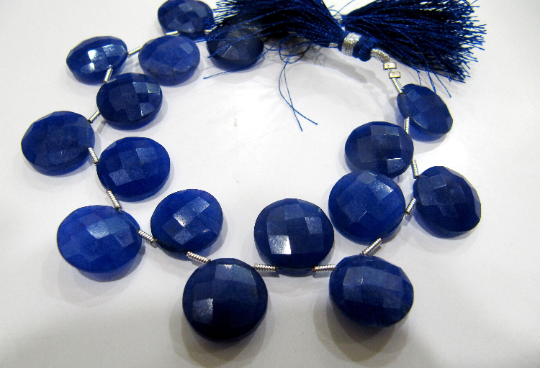 Dyed Blue Sapphire Corundum Round Coin Shape Faceted 15mm Strand 8''long