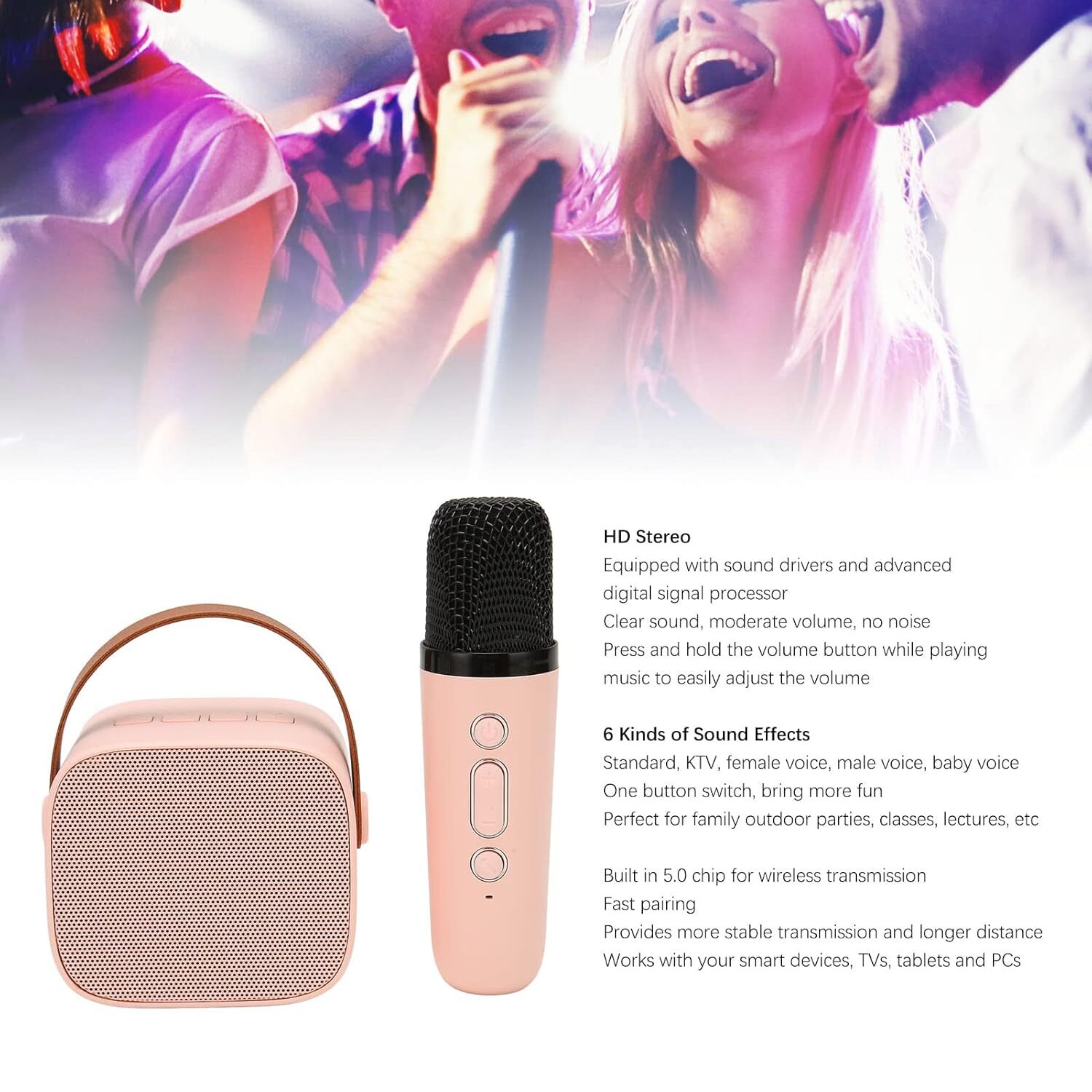 Portable Karaoke Speaker Kit - Plastic, 17x17x8 Cm, Multicolor | Long Battery Life, 5.0 Wireless Chip, 6 Sound Effects, Hd Stereo, Mini Size