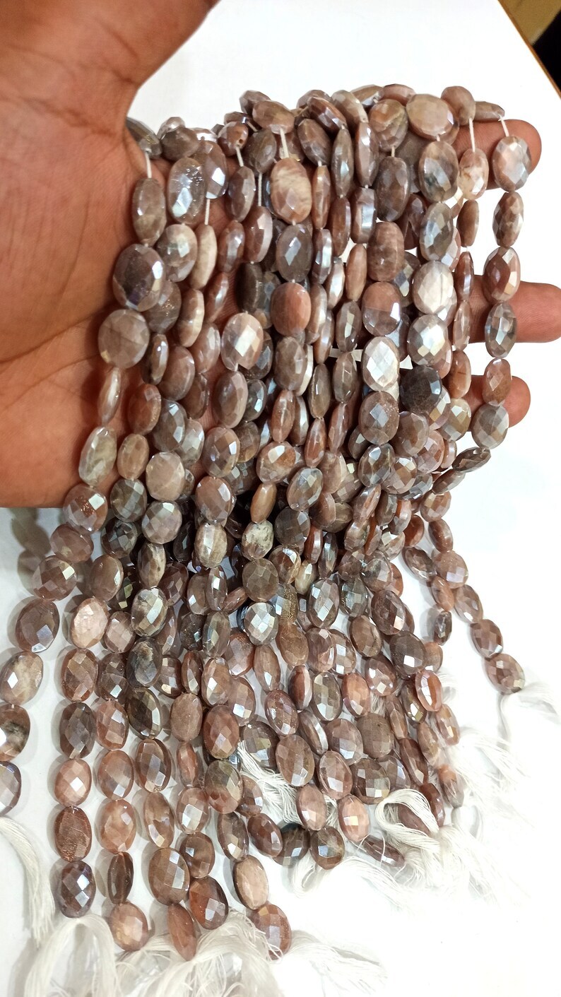 Natural Chocolate Moonstone Oval Shape Faceted 7x10 To 8x12mm Strand 10''