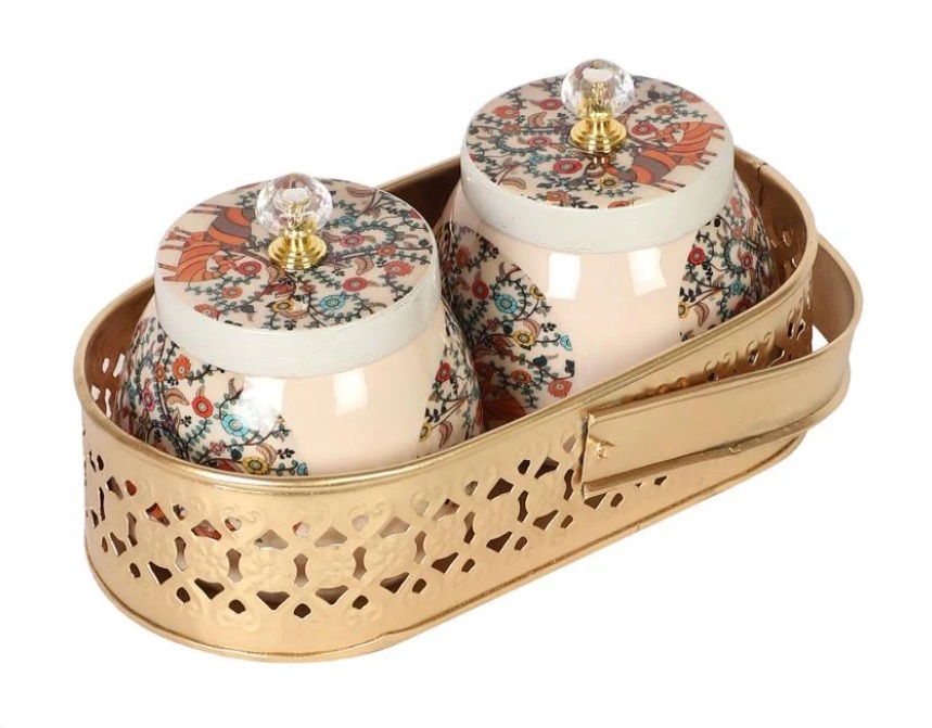 Metal Mina Sticker Pichwai Dry Fruit Tray With Jar Set Of 2 With Gold Tray: