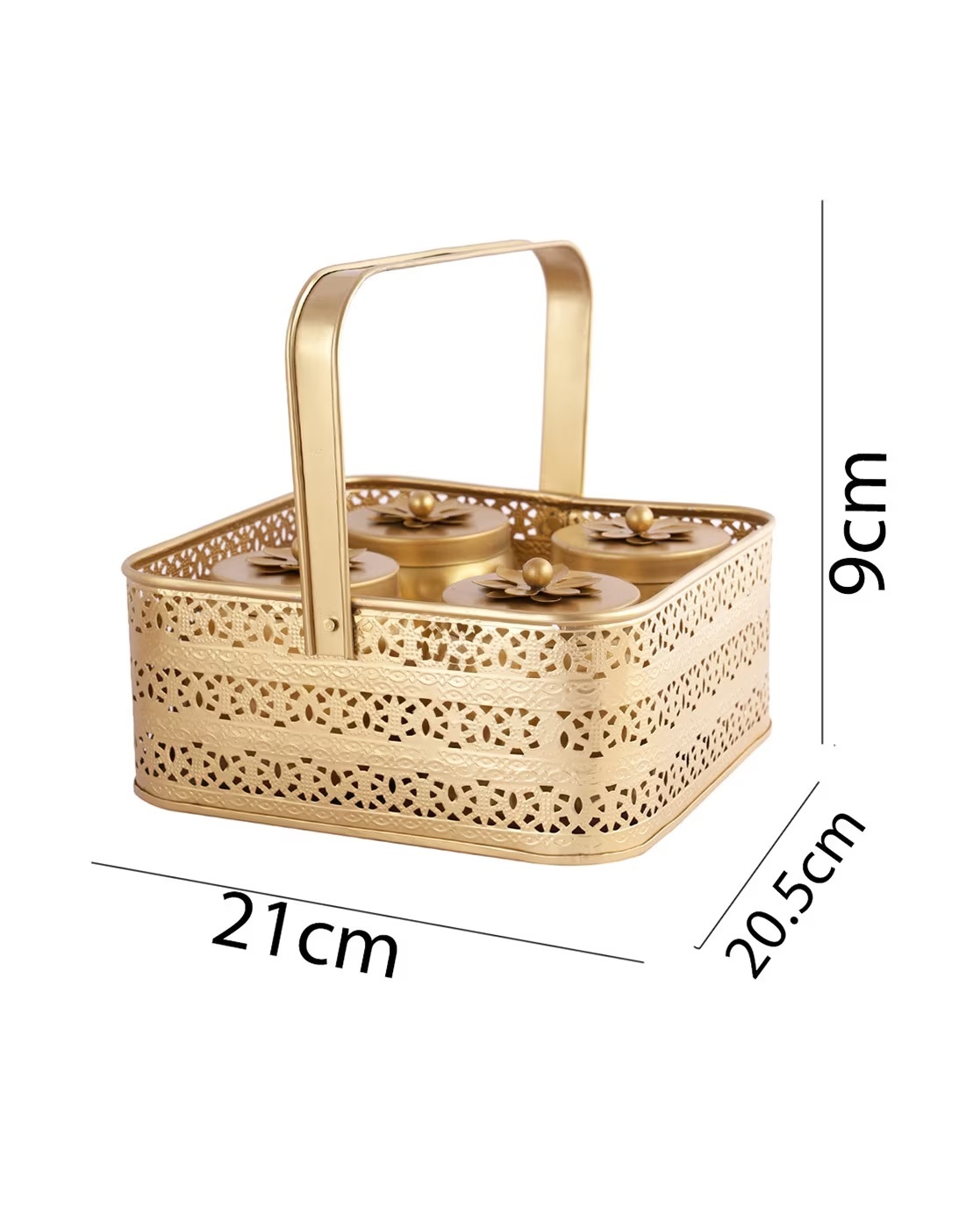 Metal Gold Dry Fruit Tray With Jar Set Of 4 With Gold Tray For Return Gift