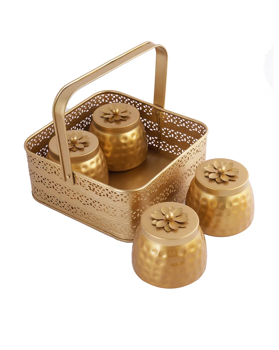 Metal Gold Dry Fruit Tray With Jar Set Of 4 With Gold Tray For Return Gift