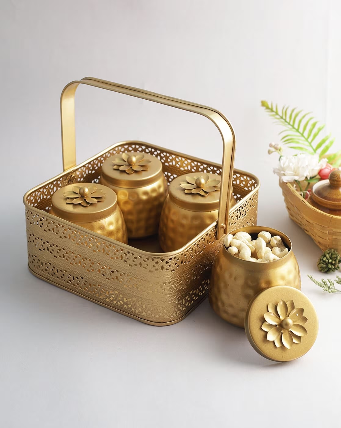 Metal Gold Dry Fruit Tray With Jar Set Of 4 With Gold Tray For Return Gift