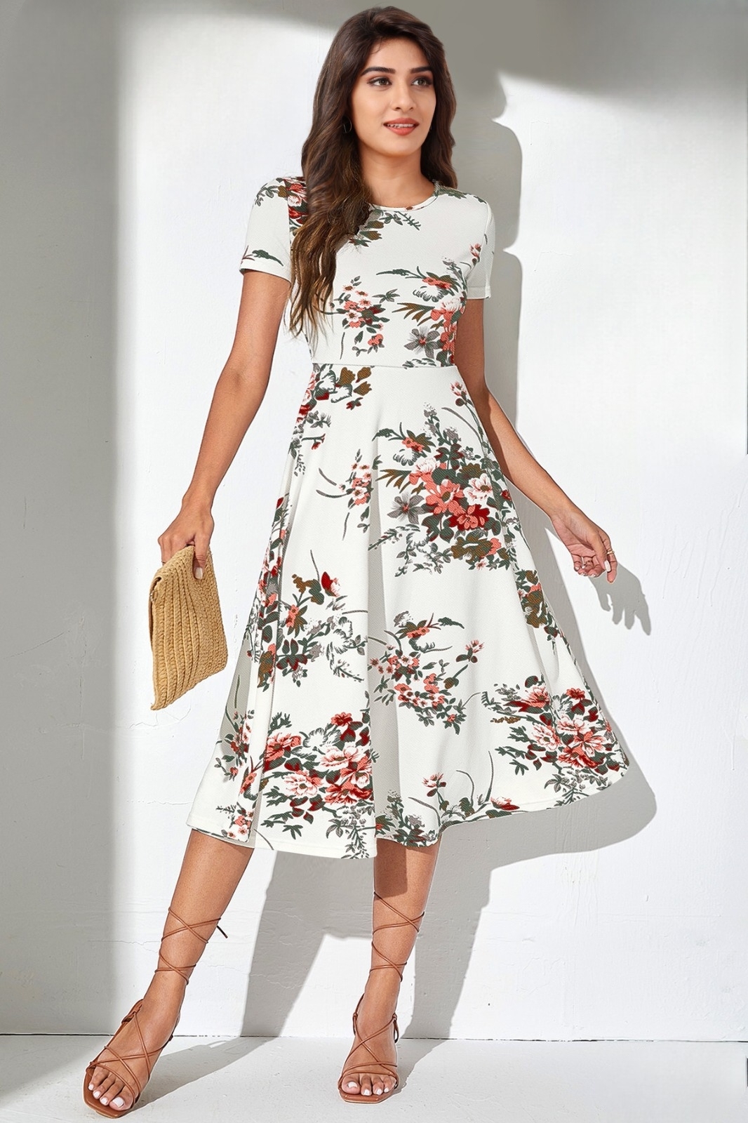 Ladies Floral Printed Skater Dress - Premium Ajanta Fabric, Short Sleeves, Available In Multiple Sizes And Colors, All-season Style