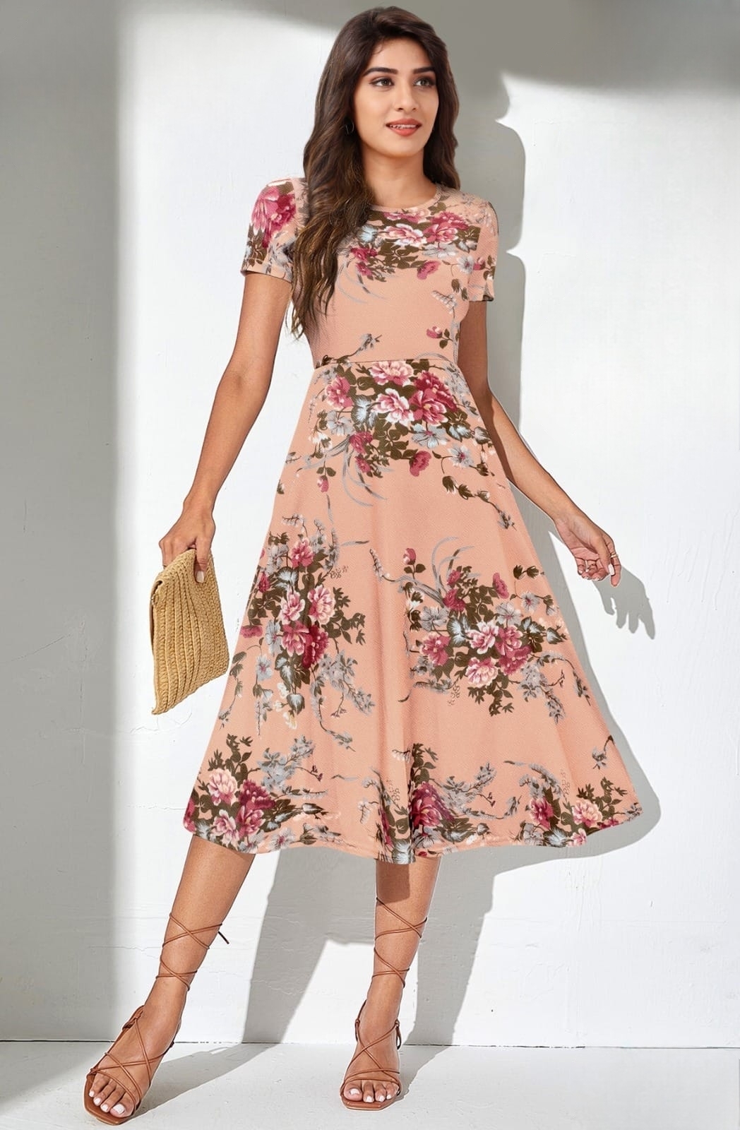 Ladies Floral Printed Skater Dress - Premium Ajanta Fabric, Short Sleeves, Available In Multiple Sizes And Colors, All-season Style