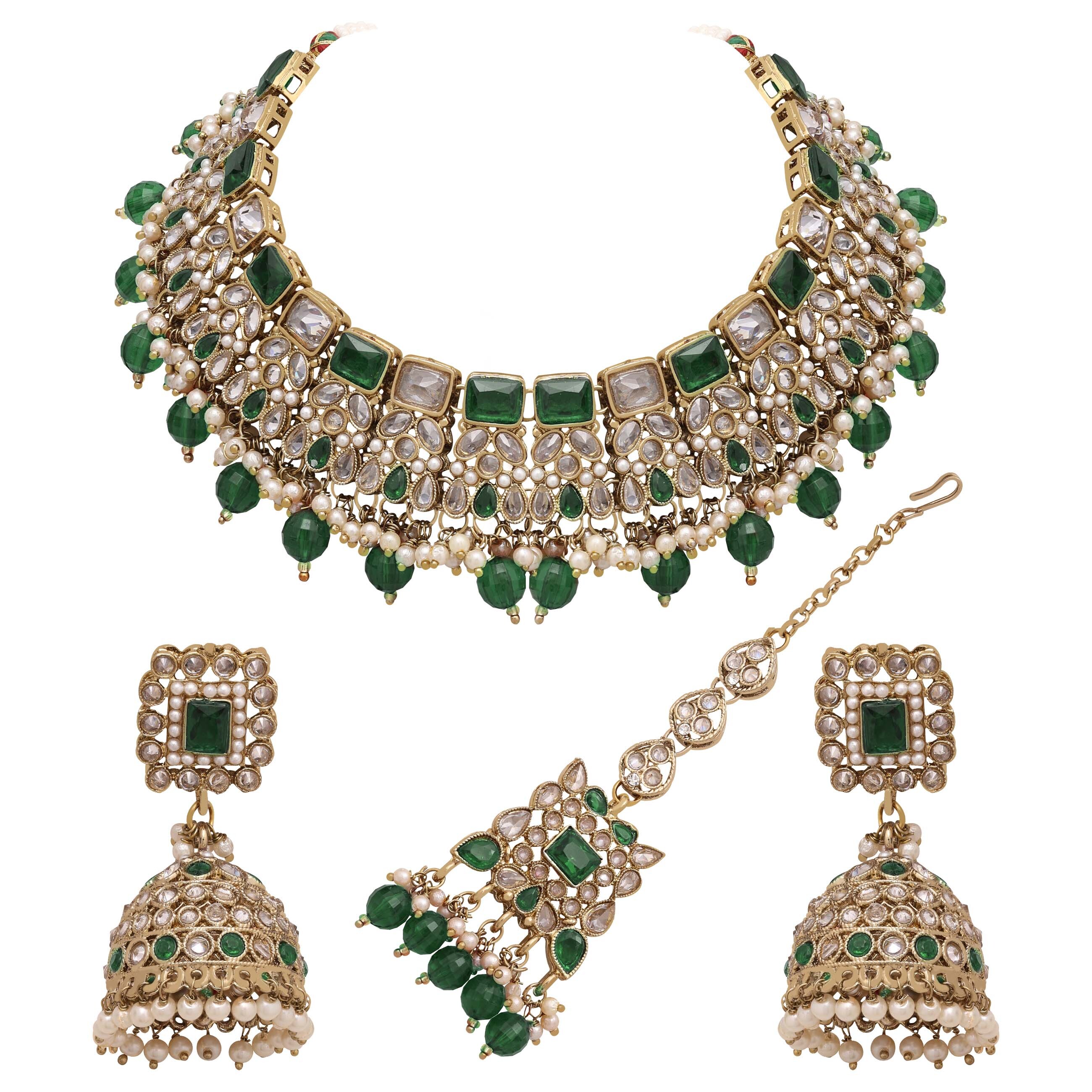 Traditional Jewelry| Wedding Collection Necklace | Choker Necklace | Bridal Reverse Ad Necklace | Designer Bridal Jewelry. - Color: Green