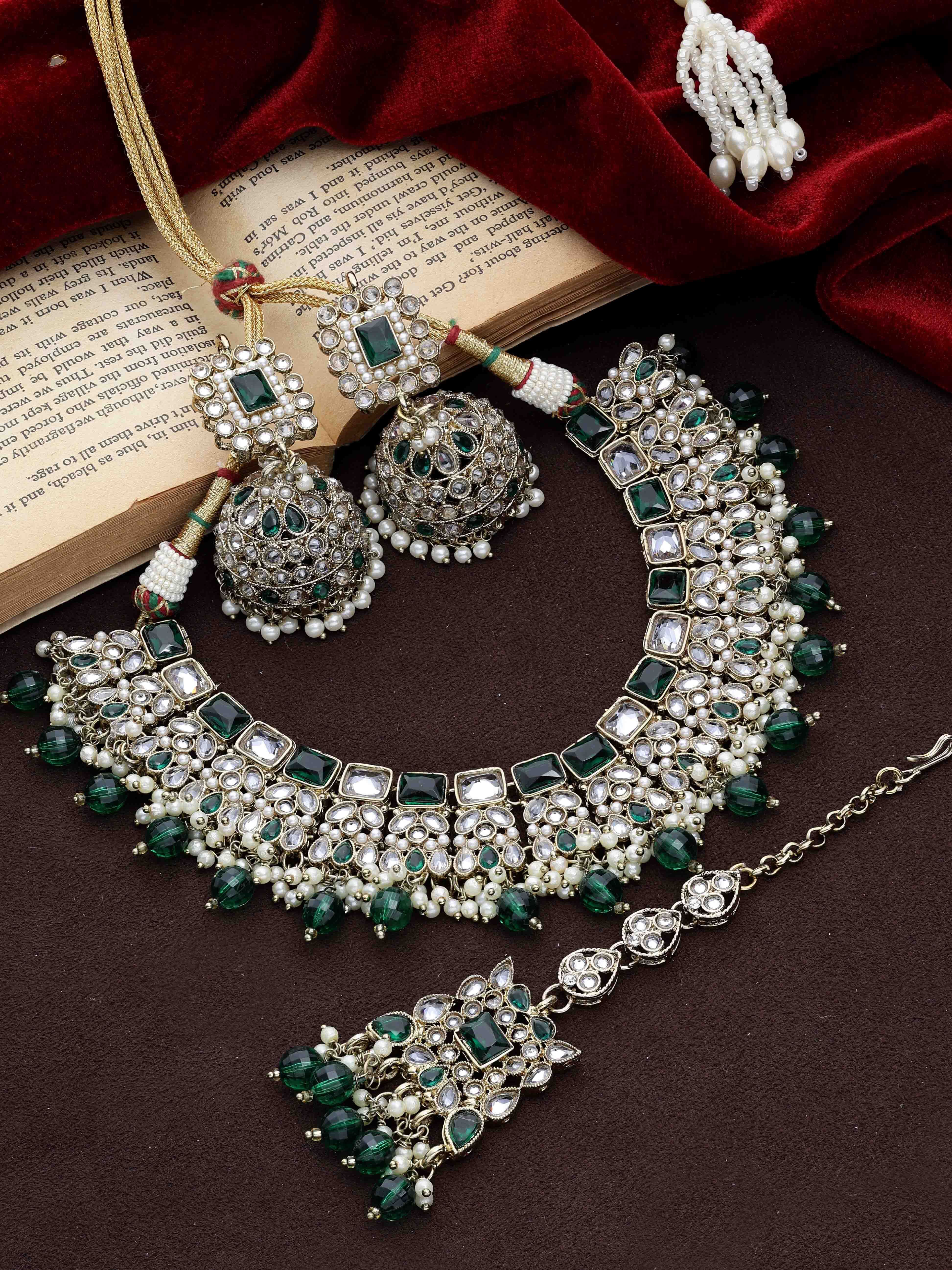 Traditional Jewelry| Wedding Collection Necklace | Choker Necklace | Bridal Reverse Ad Necklace | Designer Bridal Jewelry. - Color: Green