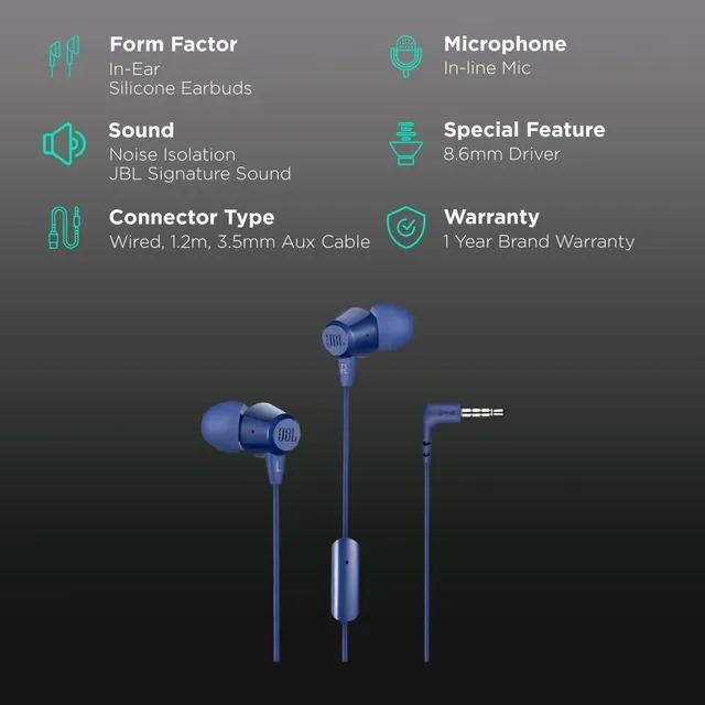 Jbl T50hi Wired Earphone With Mic (In Ear, Blue)