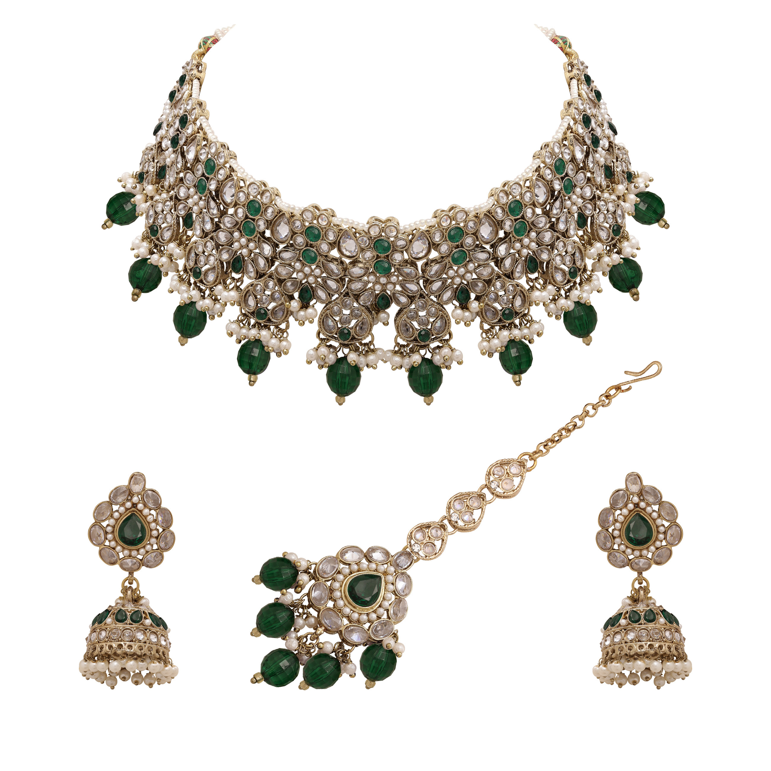 Floral Bridal Necklace | Floral Beaded Necklace | Floral Jewelry Set| Bridal Reverse Ad Necklace|kundan Floral Necklace . - Color: Green