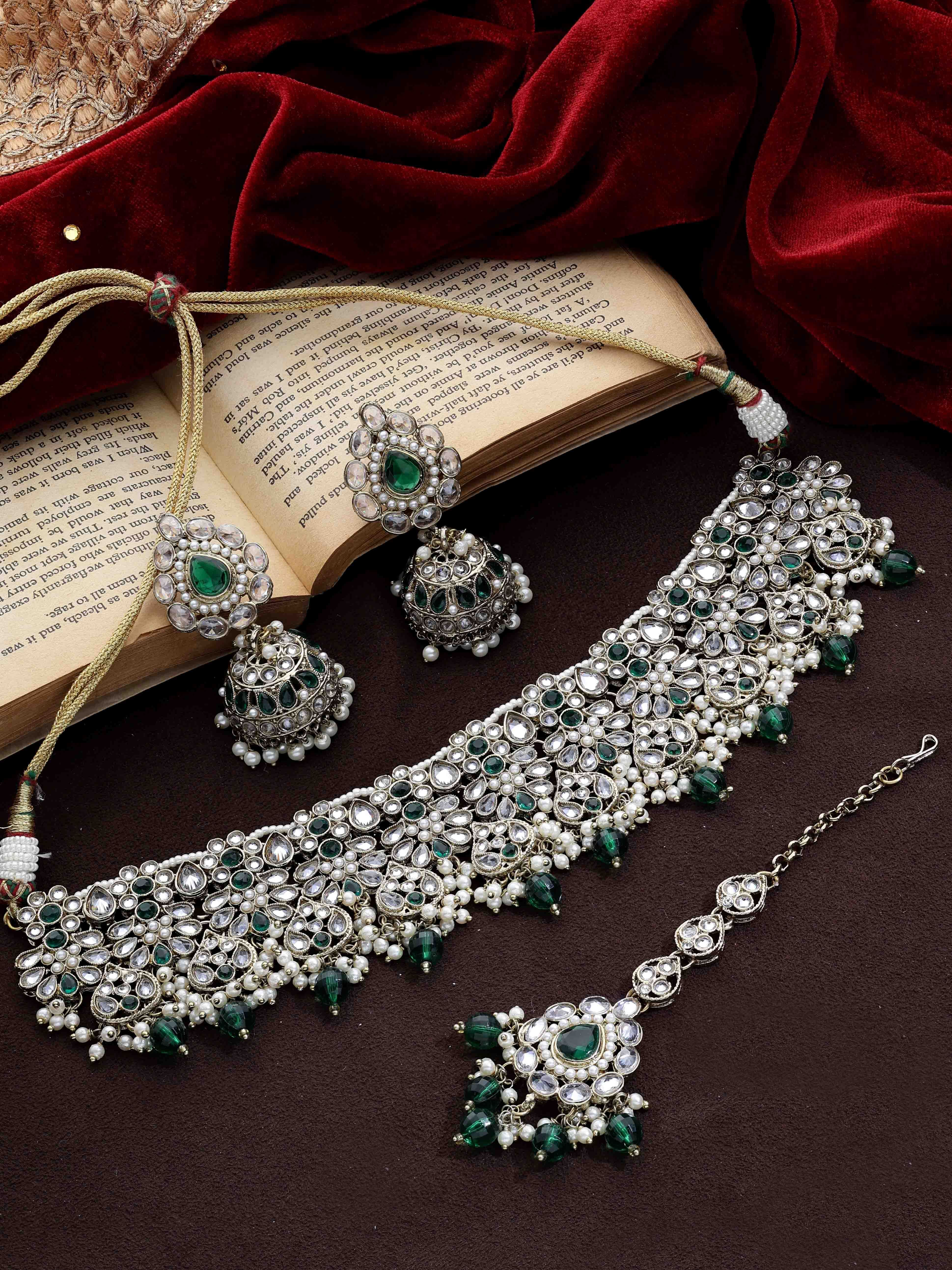 Floral Bridal Necklace | Floral Beaded Necklace | Floral Jewelry Set| Bridal Reverse Ad Necklace|kundan Floral Necklace . - Color: Green