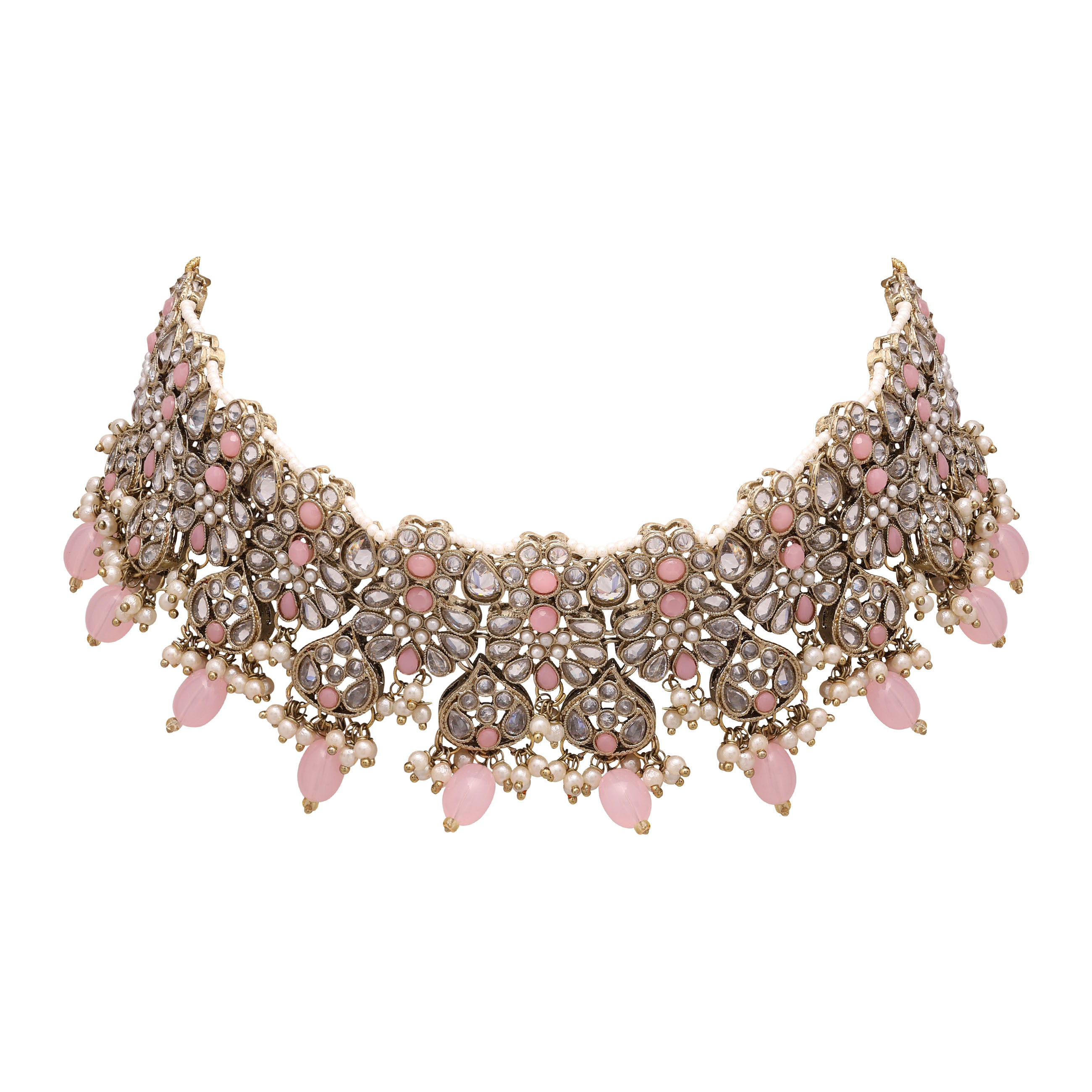 Floral Bridal Necklace | Floral Beaded Necklace| Floral Jewelry Set| Bridal Reverse Ad Necklace| Kundan Floral Necklace.. - Color: Pink