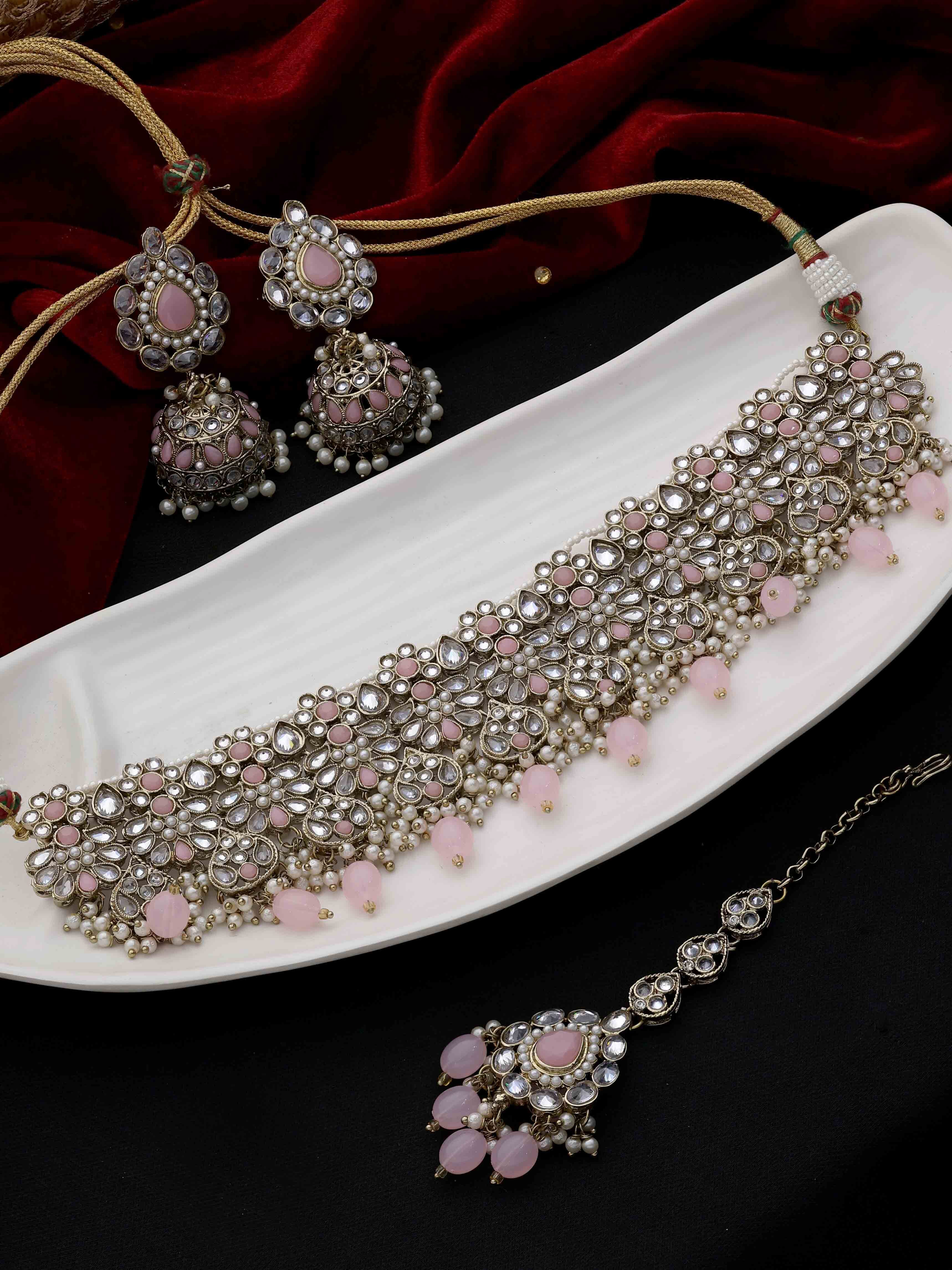 Floral Bridal Necklace | Floral Beaded Necklace| Floral Jewelry Set| Bridal Reverse Ad Necklace| Kundan Floral Necklace.. - Color: Pink