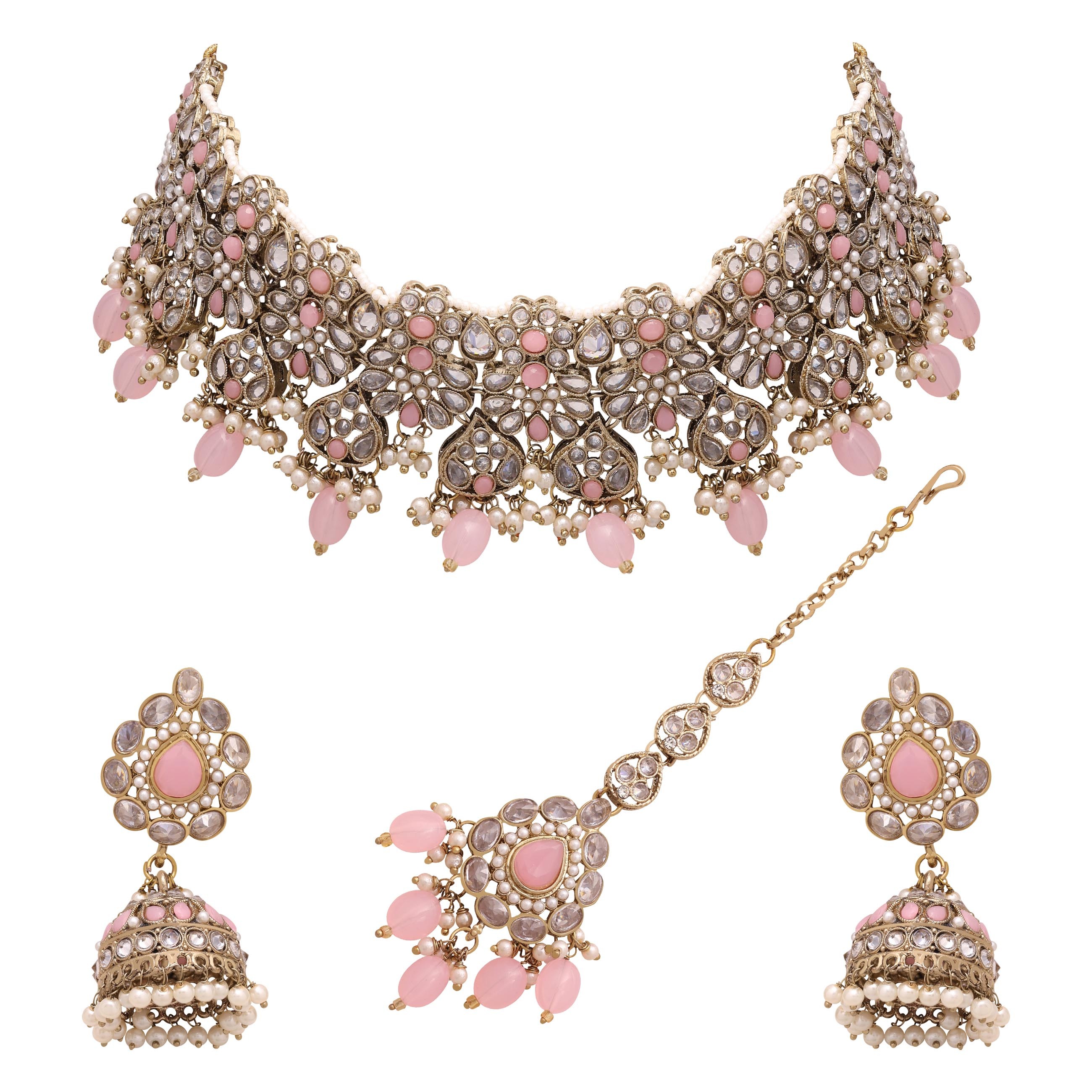Floral Bridal Necklace | Floral Beaded Necklace| Floral Jewelry Set| Bridal Reverse Ad Necklace| Kundan Floral Necklace.. - Color: Pink