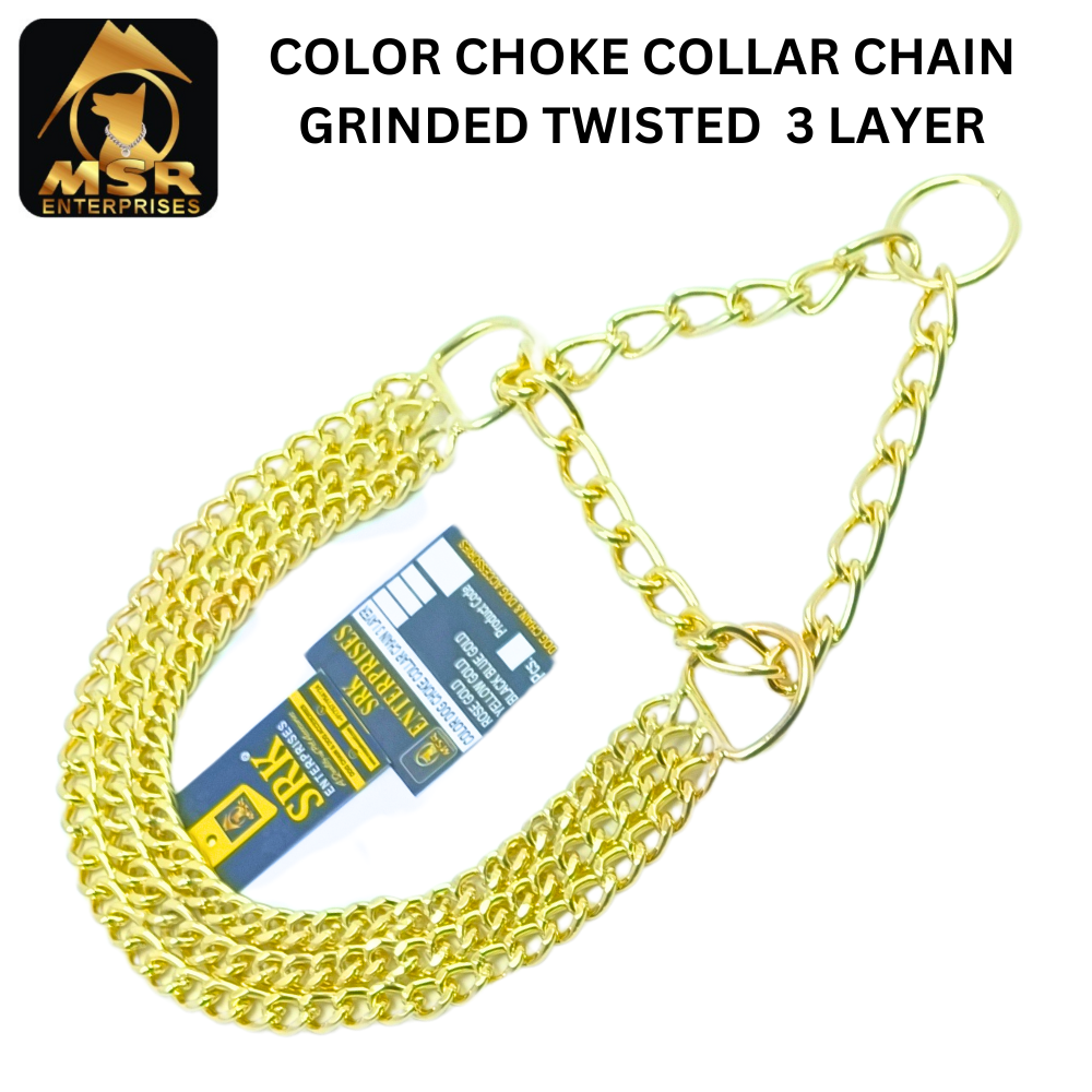 Dog Color Choke Collar Chain 3 Layer With Yellow Gold Plating - Iron Material, Medium Size, Yellow Gold Color | Triple Layer Design, Adjustable Fit, Durable Material