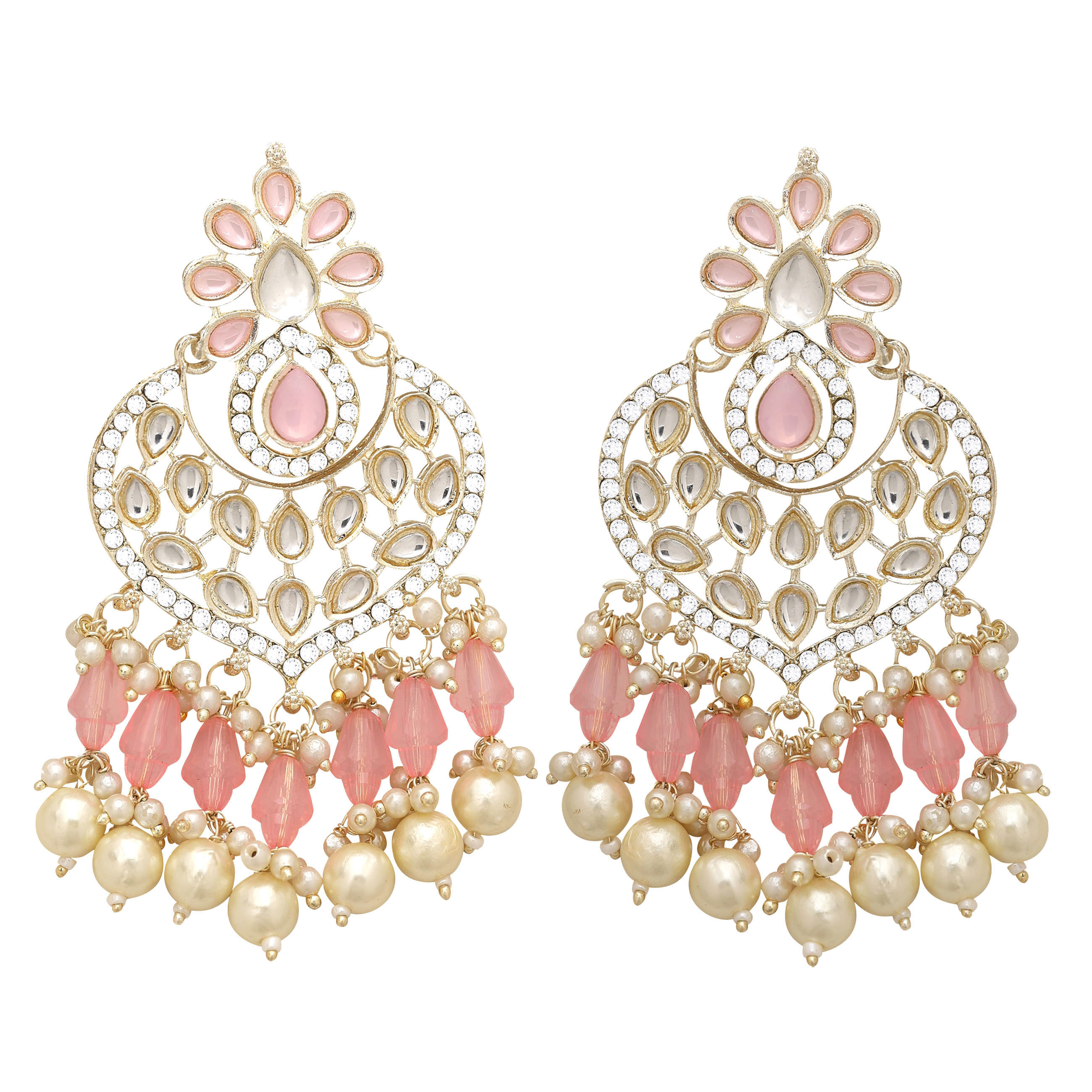 Kundan Earrings | 8x4 Cm | Pink Alloy Gold Plated - Timeless Elegance Minimalist Design Versatile For Casual And Formal Wear Channel Setting
