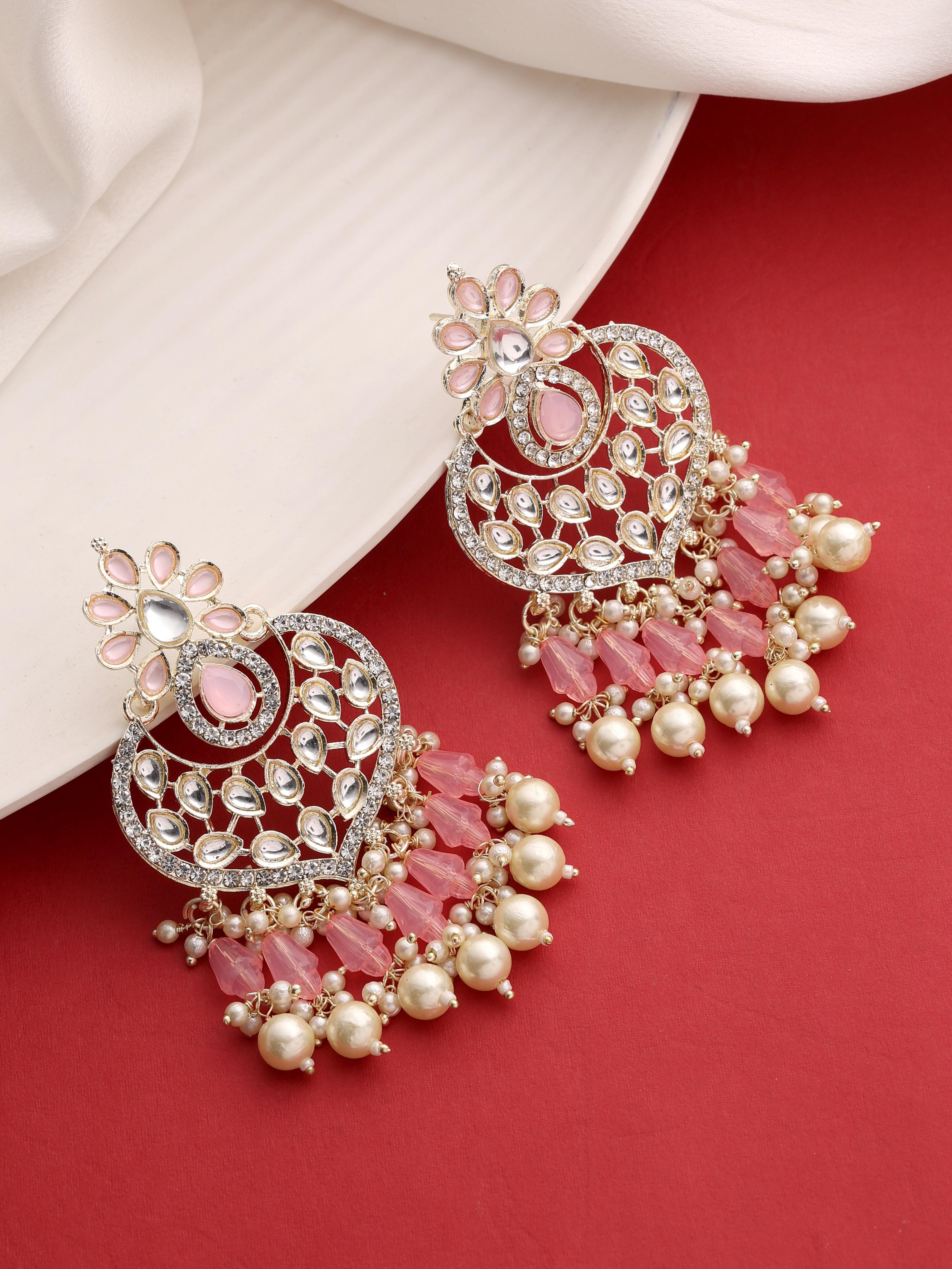 Kundan Earrings | 8x4 Cm | Pink Alloy Gold Plated - Timeless Elegance Minimalist Design Versatile For Casual And Formal Wear Channel Setting
