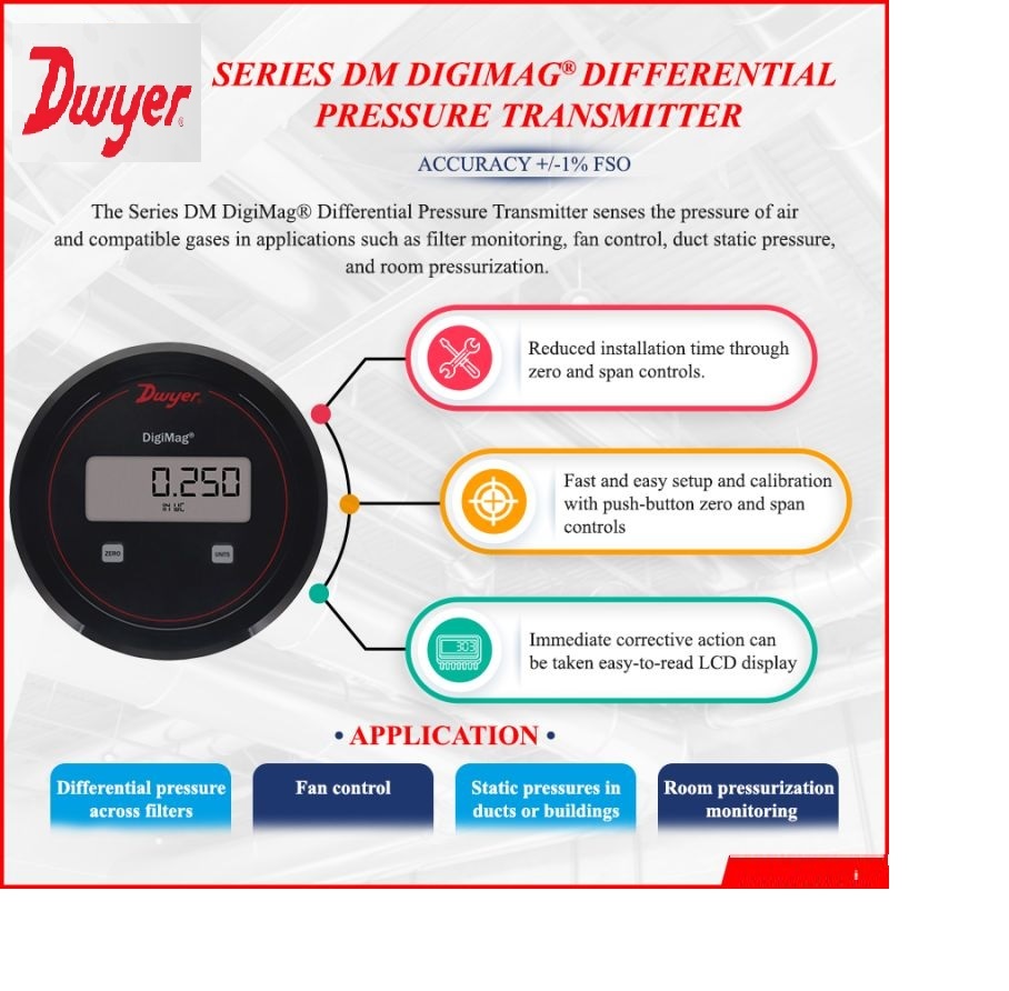 Dwyer Dm-007 Digimag Differential Pressure Transmitter Range 0-3 Inch Wc - Accuracy: A 1% Fso